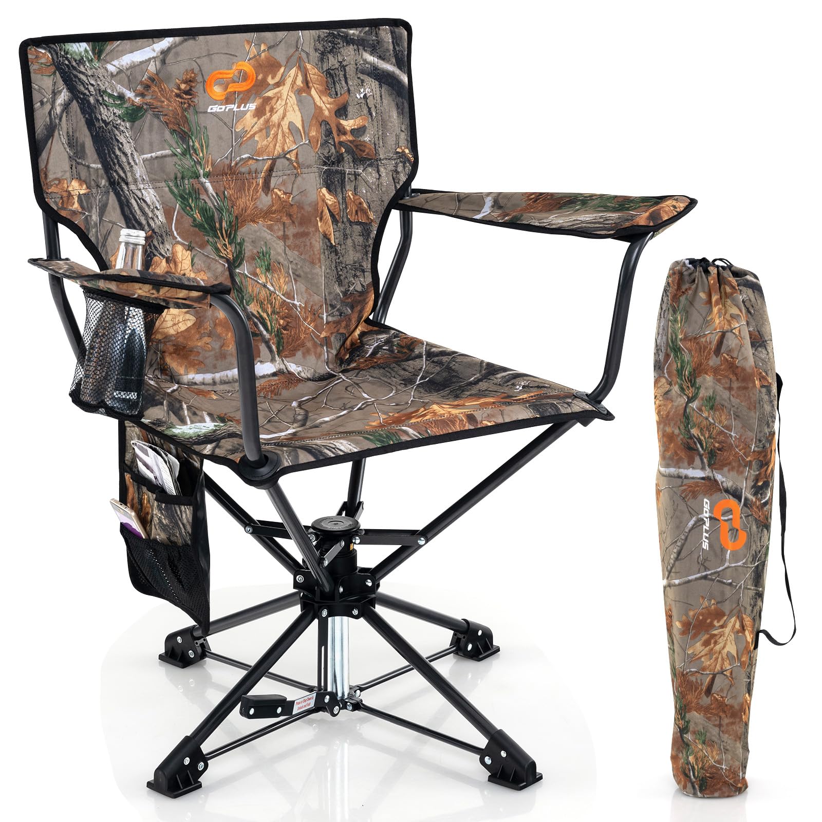 Goplus 360° Swivel Camping Chair for Adults - Portable Folding Hunting Chair with Cup Holder & Carry Bag - Rotating Lawn Chair for Fishing, Picnic, Hiking, Outdoor Activities (Camo) - Perfect for Backyard, Beach, Tailgating & Camping Trips