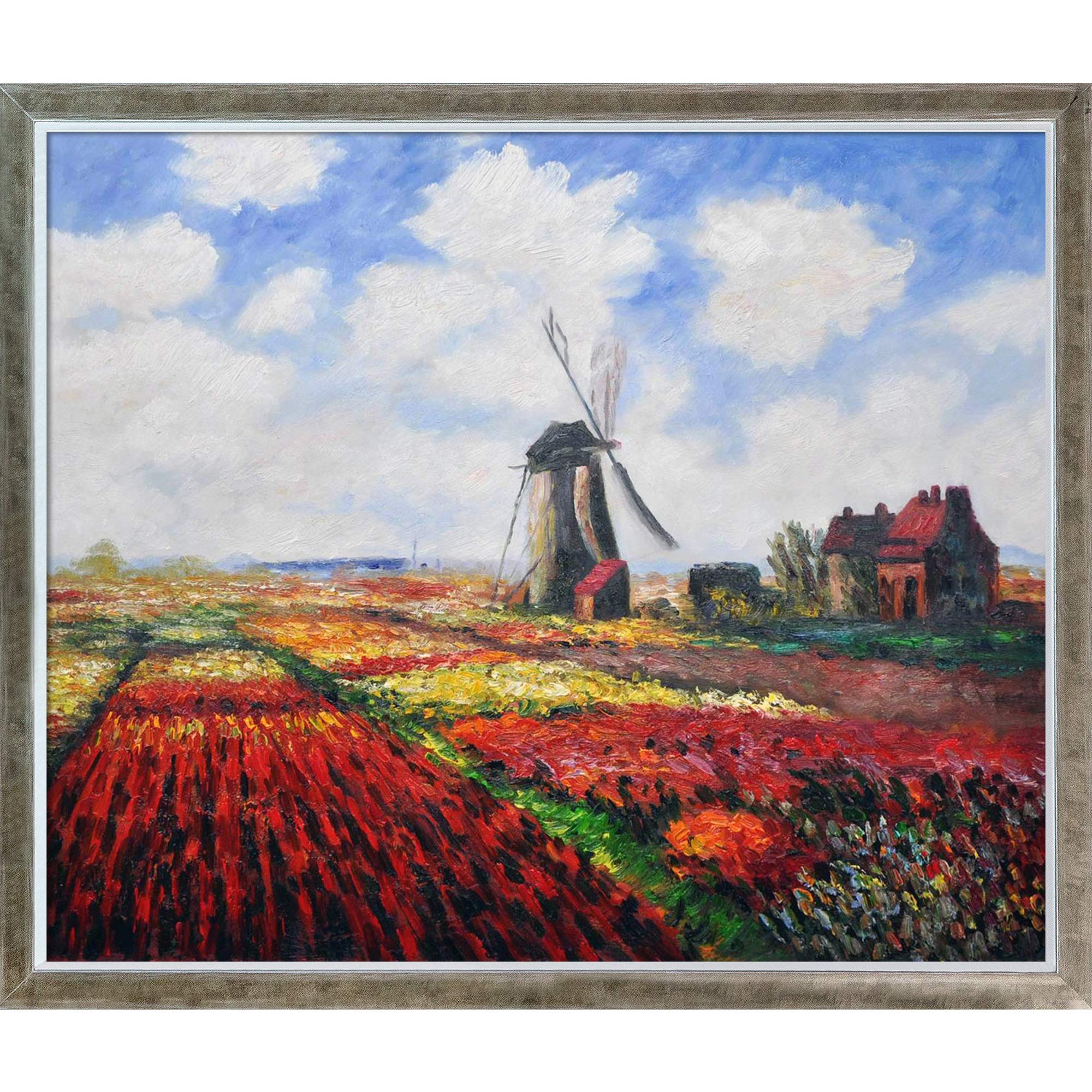 La Pastiche Hand-Painted Tulip Field with Rijnsburg Windmill Oil Painting Reproduction - 20x24 Inch Framed Wall Art, Champagne Silhouette - Perfect for Living Room, Bedroom & Office Decor