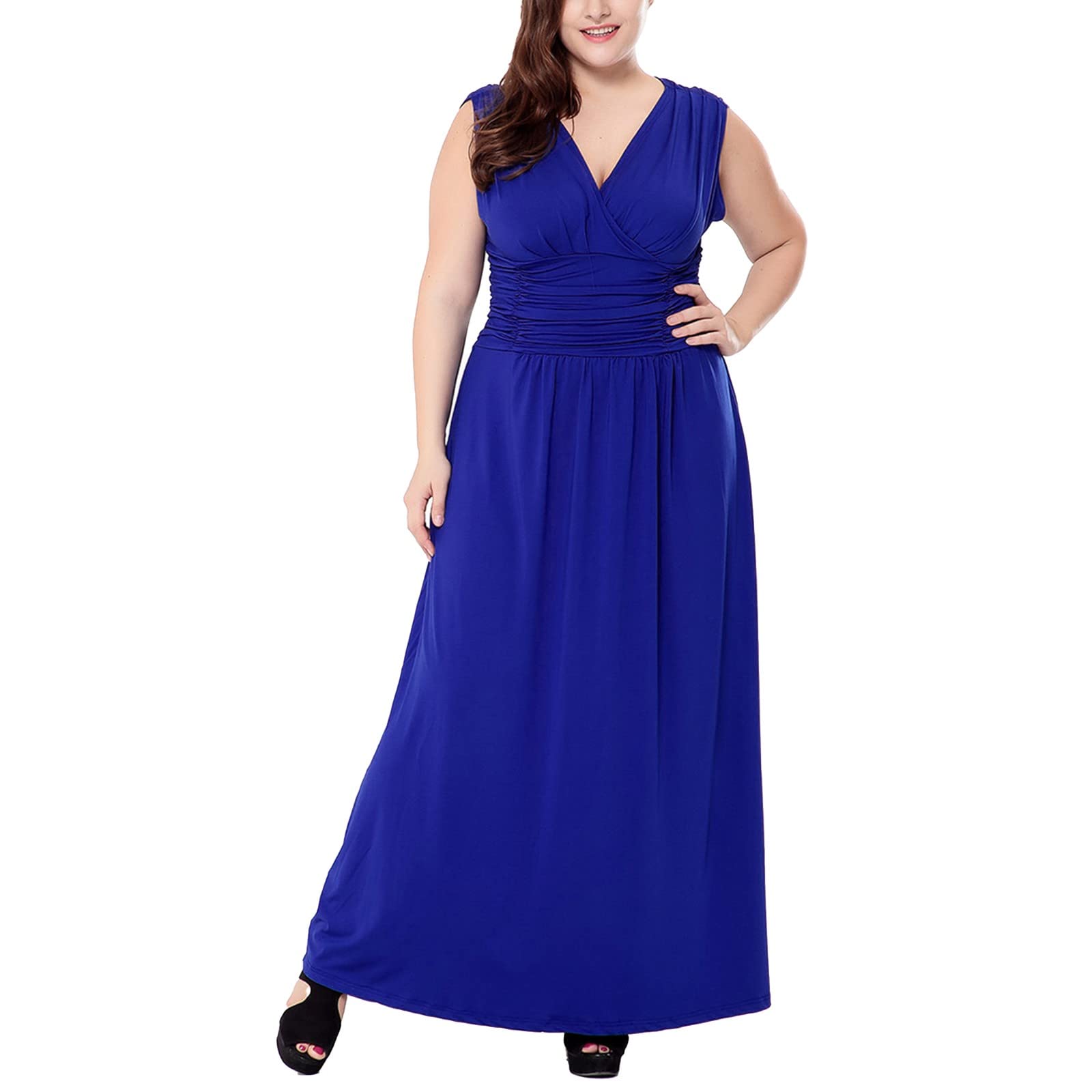 FRETRG Women's V-Neck Sleeveless Waist Pleated Slim Sequin Dress - Elegant Long Skirt for Party, Wedding, Cocktail & Evening Occasions