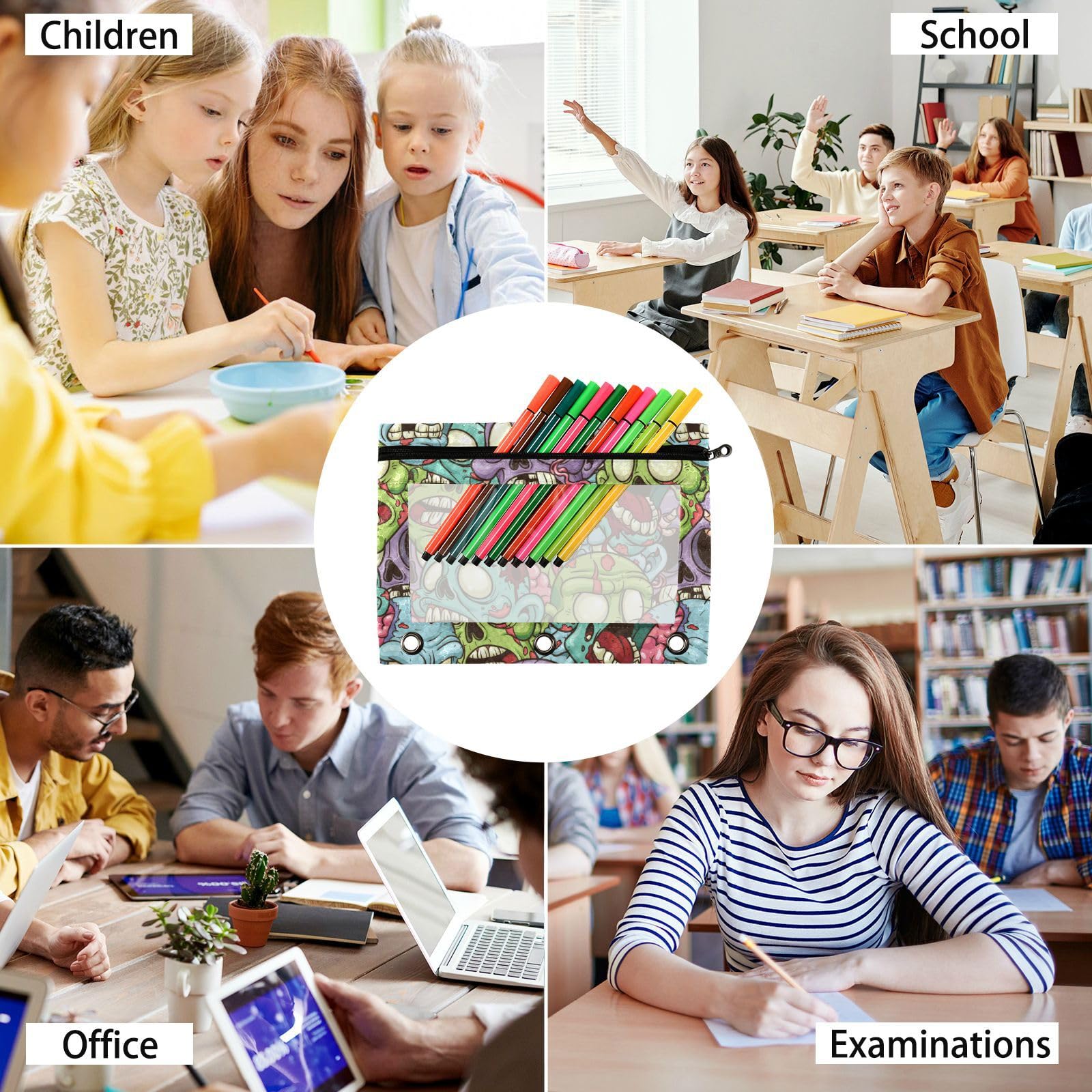 Wudan Colorful Yelling Zombie 3-Ring Binder Pencil Pouch 2-Pack - Clear Waterproof Plastic Pencil Case with Zipper for School, Office & Travel - Perfect for Organizing Pens, Cosmetics & Documents