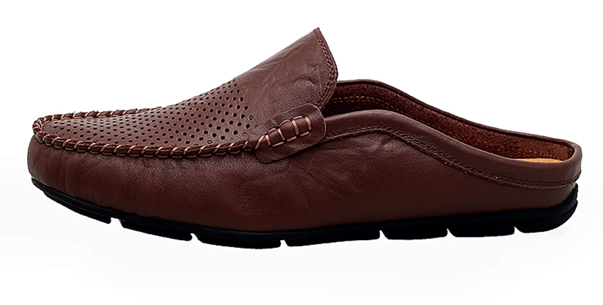 Go Tour Men's Mules Clog Slippers - Breathable Leather Slip-On Loafers with Punching Design for Casual Wear | Perfect for Home, Office & Outdoor Comfort