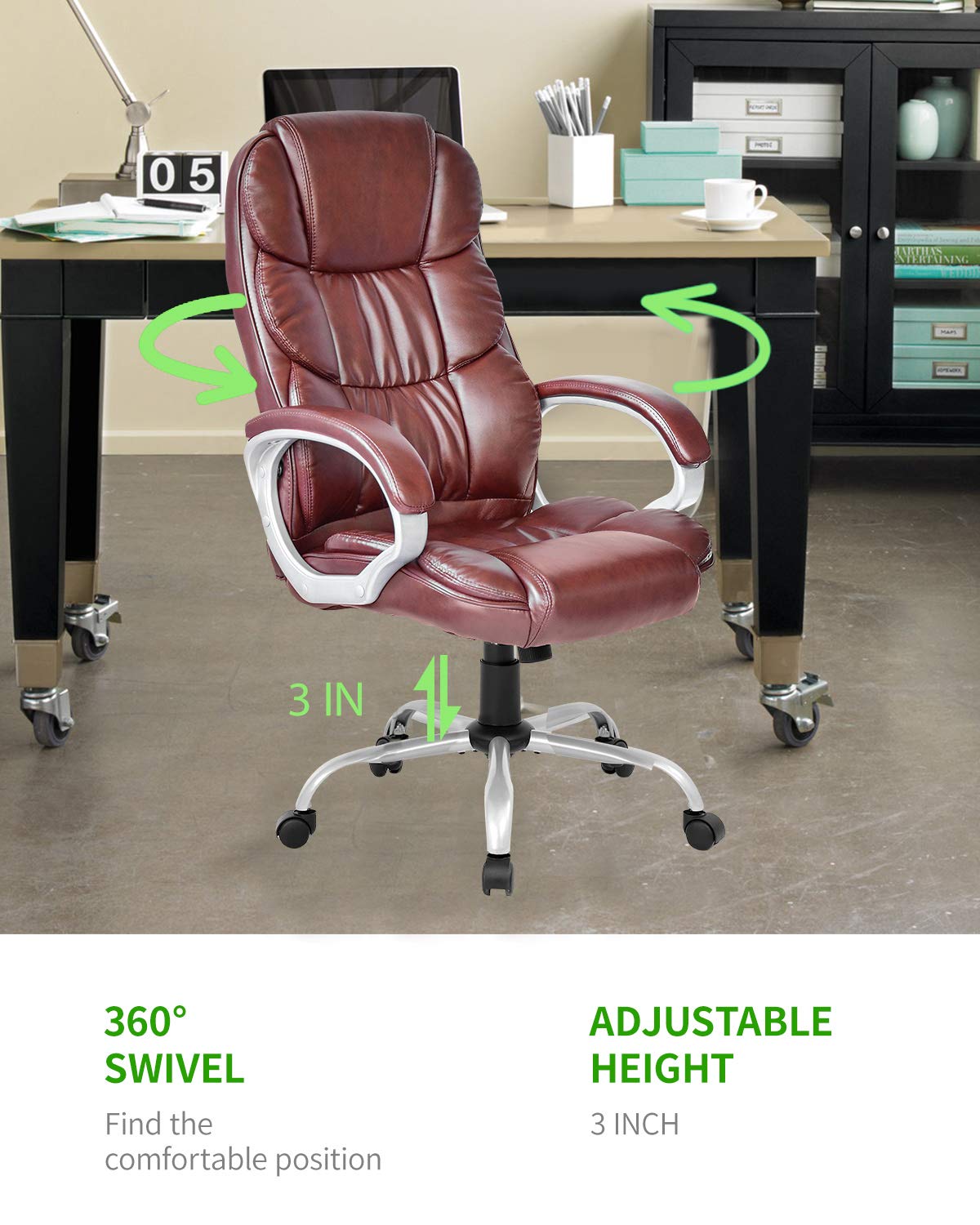 Ergonomic High Back Office Chair - Adjustable Executive Desk Chair with PU Leather, Lumbar Support & Armrests - Perfect for Home Office, Gaming & Workspaces (Brown)