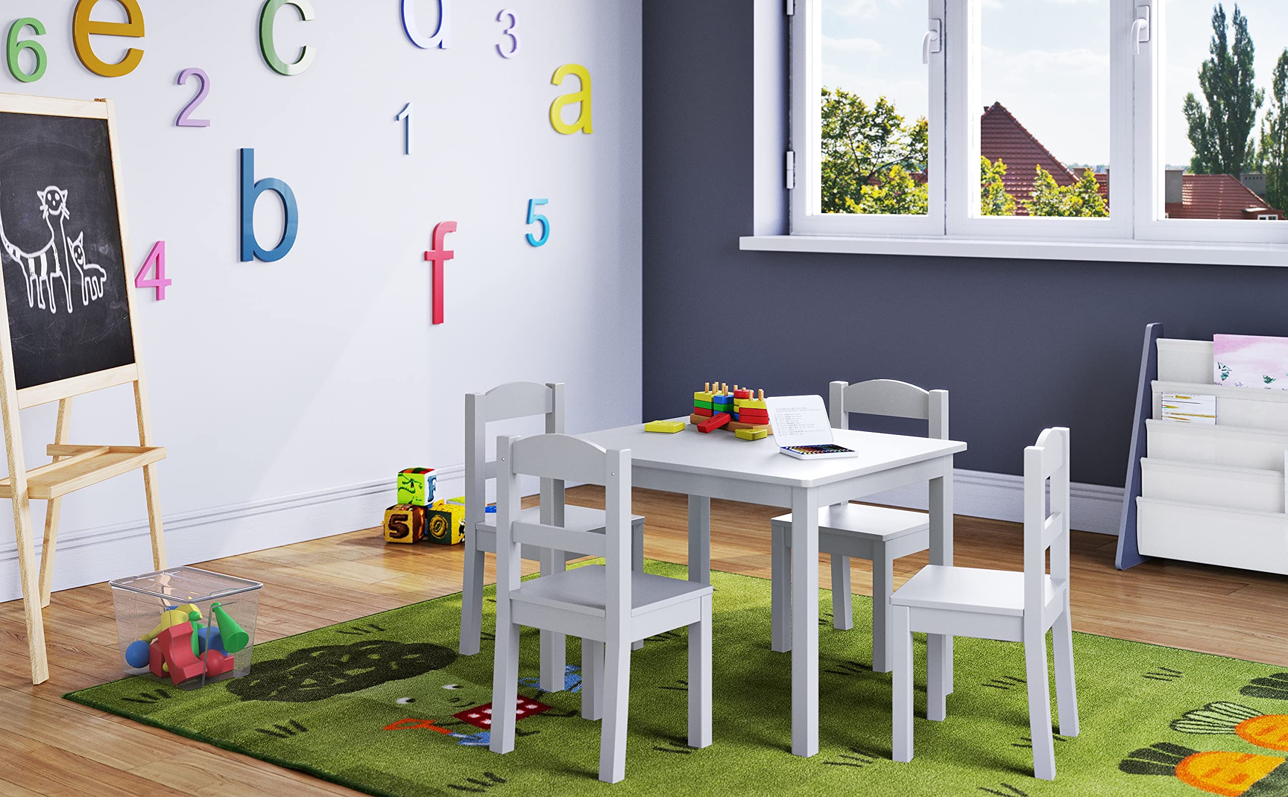 Humble Crew White Wooden Kids Table and 4 Chairs Set - Durable Toddler Activity Table for Arts, Crafts & Snack Time - Perfect for Playrooms, Preschools & Daycare Centers