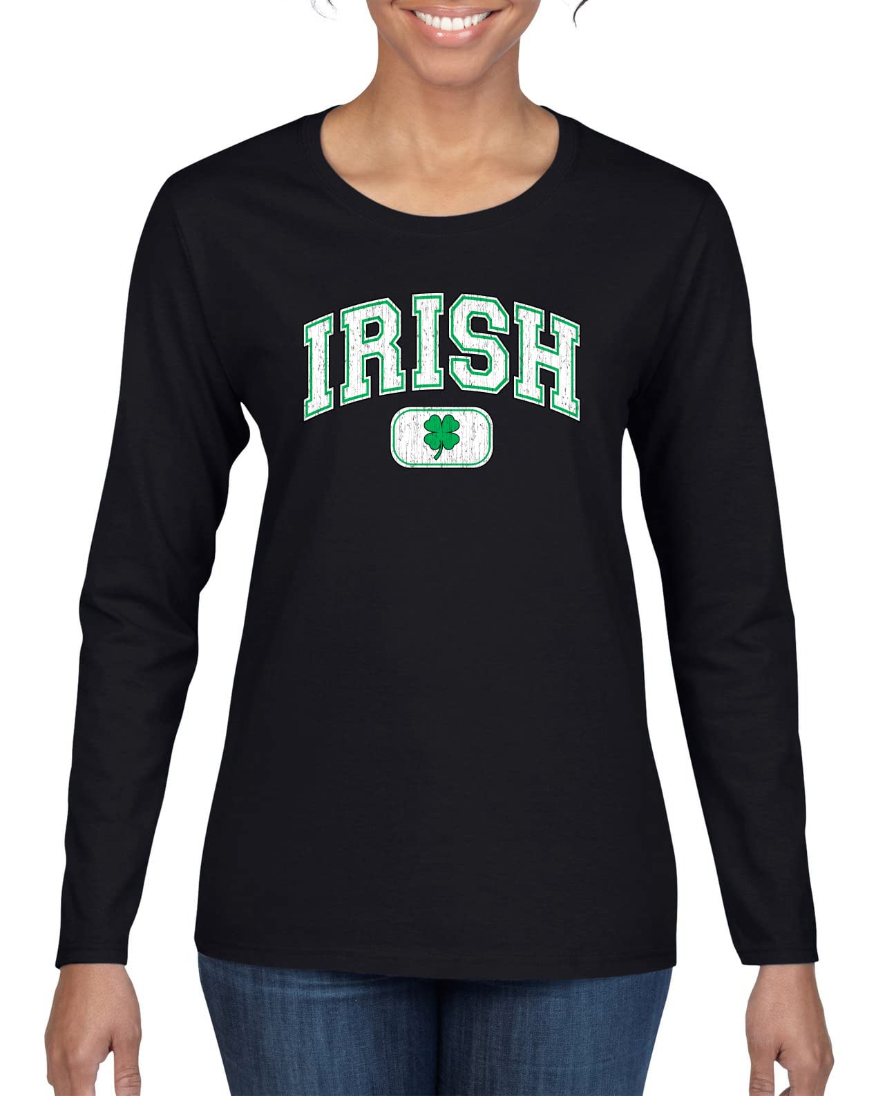 Vintage White Lucky Charm Irish Clover St. Patrick's Day Women's Graphic Long Sleeve T-Shirt | Cute Casual Tee for St. Paddy's Party, Irish Festival & Everyday Wear