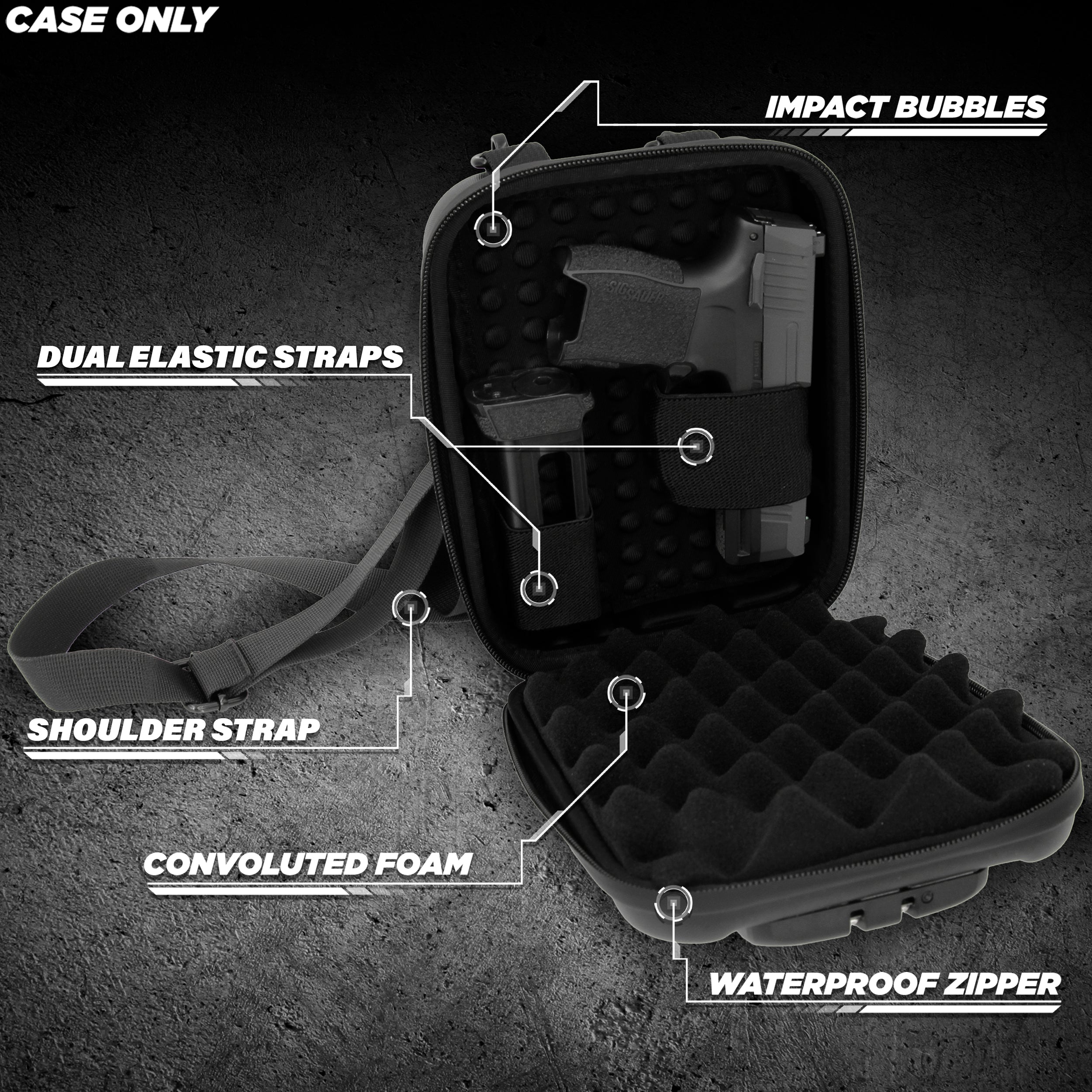 CASEMATIX Concealed Carry Locking Pistol Case for 9mm Handguns & Extra Magazines - Portable EVA Water Resistant Gun Bag with Shoulder Strap - Ideal for Range, Travel & Secure Storage