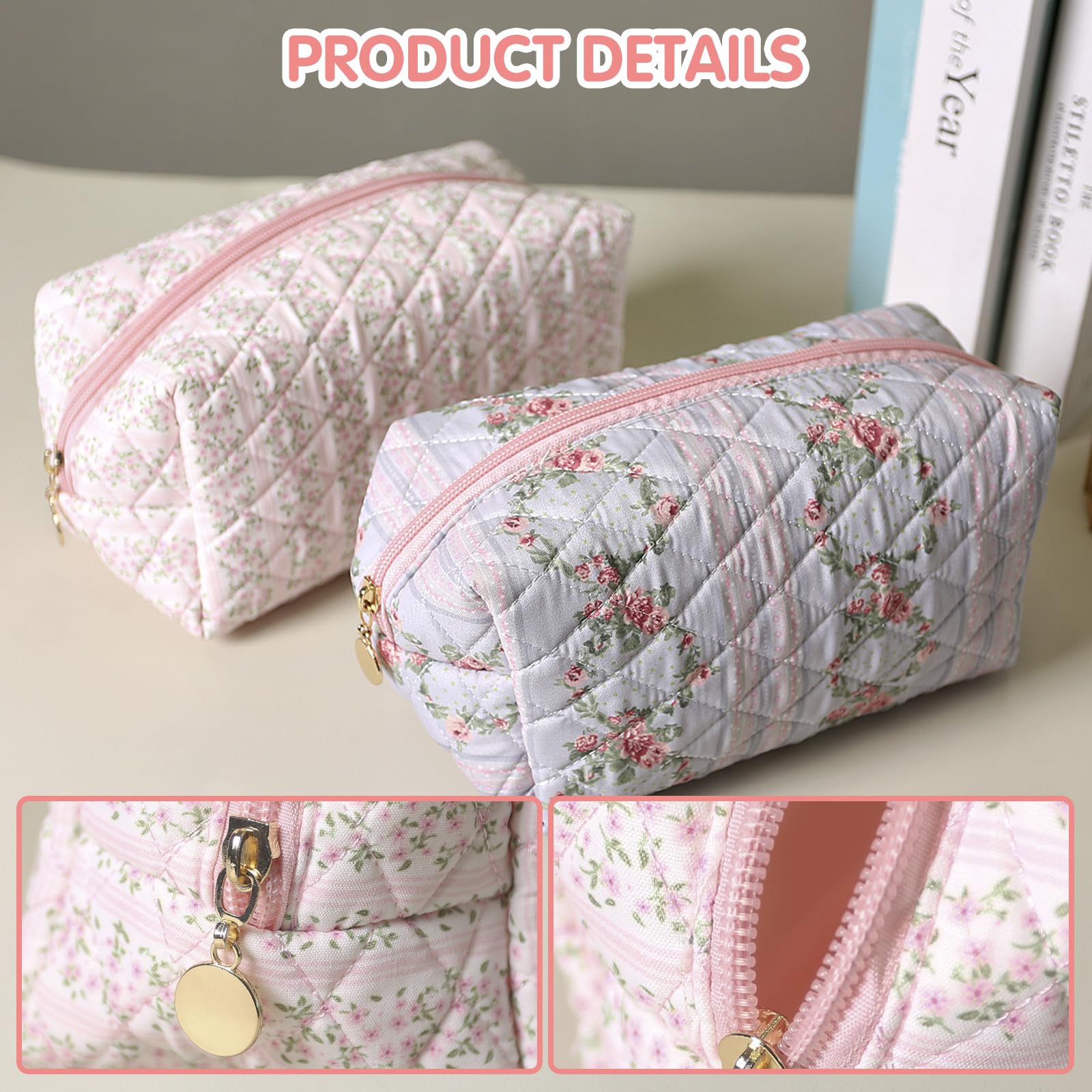 Floral Makeup Bag - Cute Quilted Cosmetic Pouch with Zipper for Travel, Skincare & Daily Use | Waterproof Toiletry Organizer | Perfect for Gym, Vacation & Gift (Blossom Blush Pink)