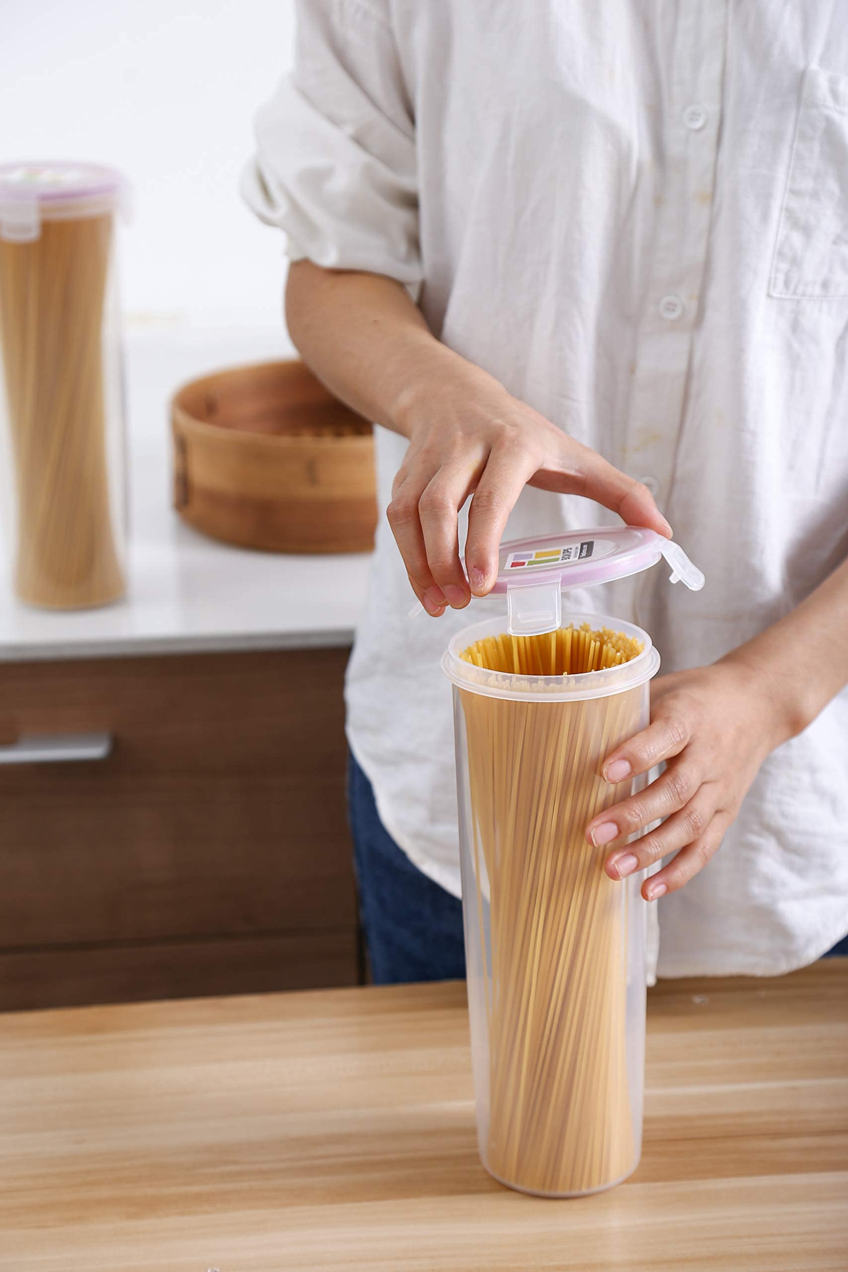Komax Airtight Spaghetti Storage Containers - BPA-Free Plastic Pasta Canisters with Lids - Set of 2 Round Dry Food Containers for Pantry Organization - Perfect for Spaghetti, Macaroni & Cereal Storage - Dishwasher Safe & Leakproof Kitchen Containers for Home & Restaurant Use