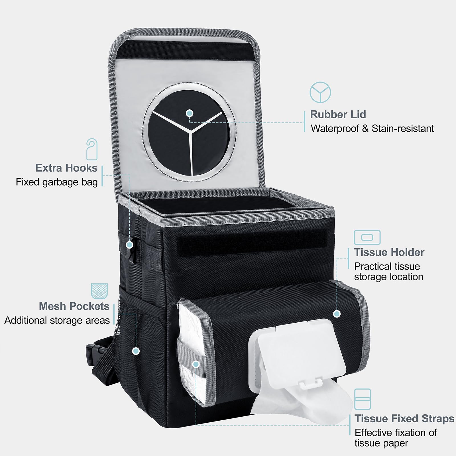 **Leakproof Car Trash Can for Back Seat - 2 Gallon Adjustable Car Garbage Bin with Removable Liners & Tissue Holder - Perfect for SUV, Sedan, Road Trips & Daily Commute (Black)**