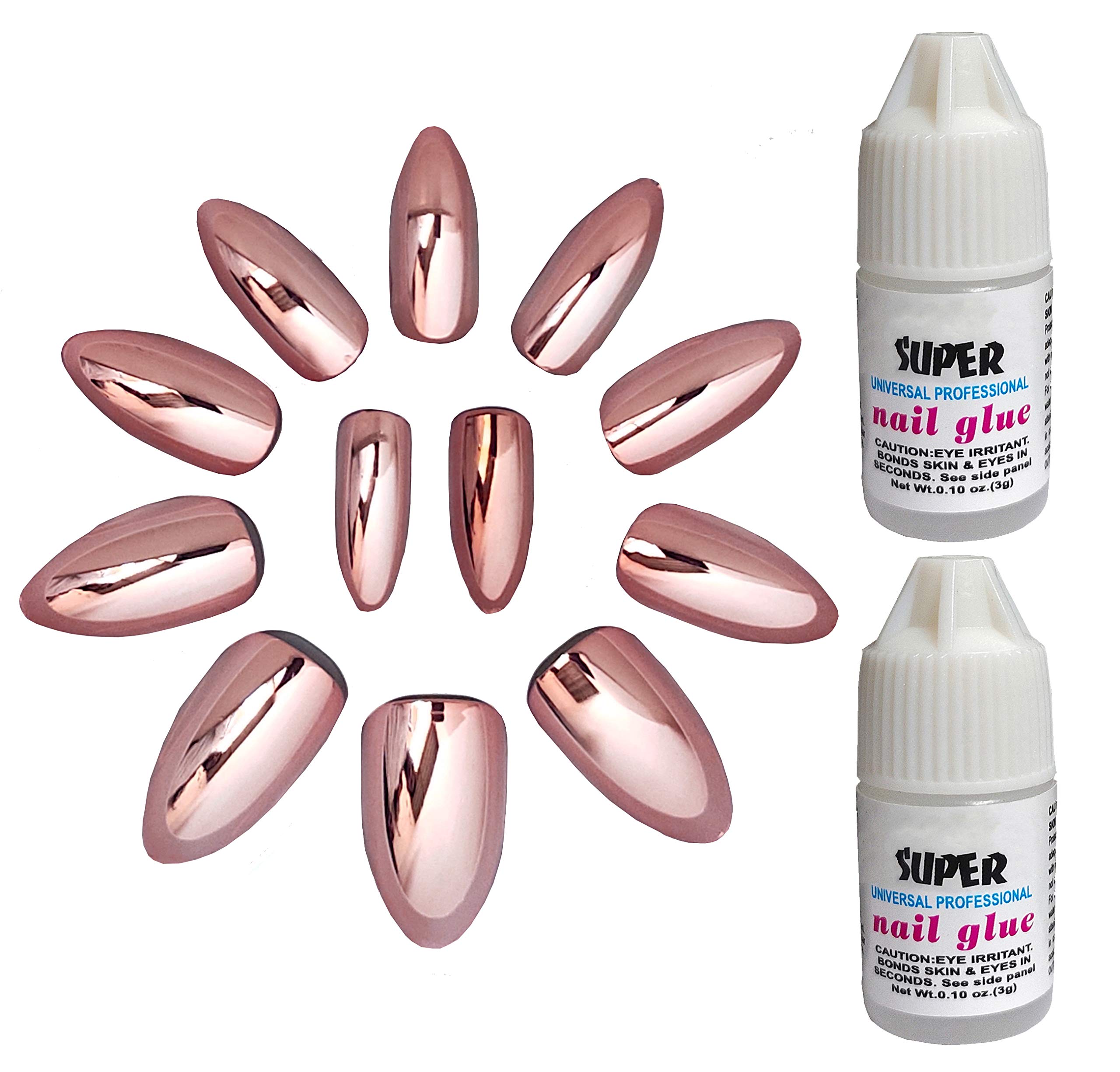 Artificial Almond Shape Bridal Fake Nails - Rose Gold Metallic Acrylic Press On Nails with Brush On Glue for Wedding, Party & Special Occasions