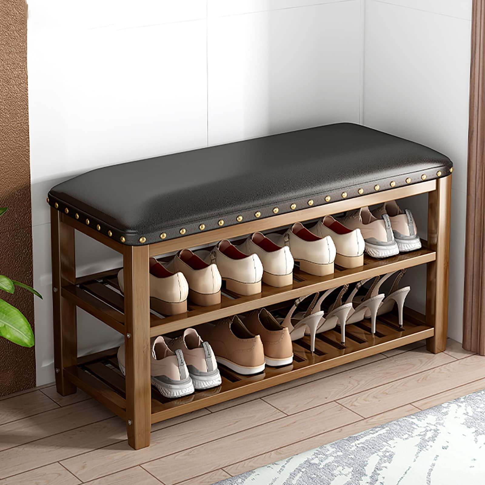 V&U 2-Tier Shoe Bench Organizer - Upholstered Bamboo Shoe Rack with Leather Seating, Rustic Entryway Storage Bench (31x11x19 inches) - Perfect for Small Spaces, Hallway Organization & Shoe Storage Solutions