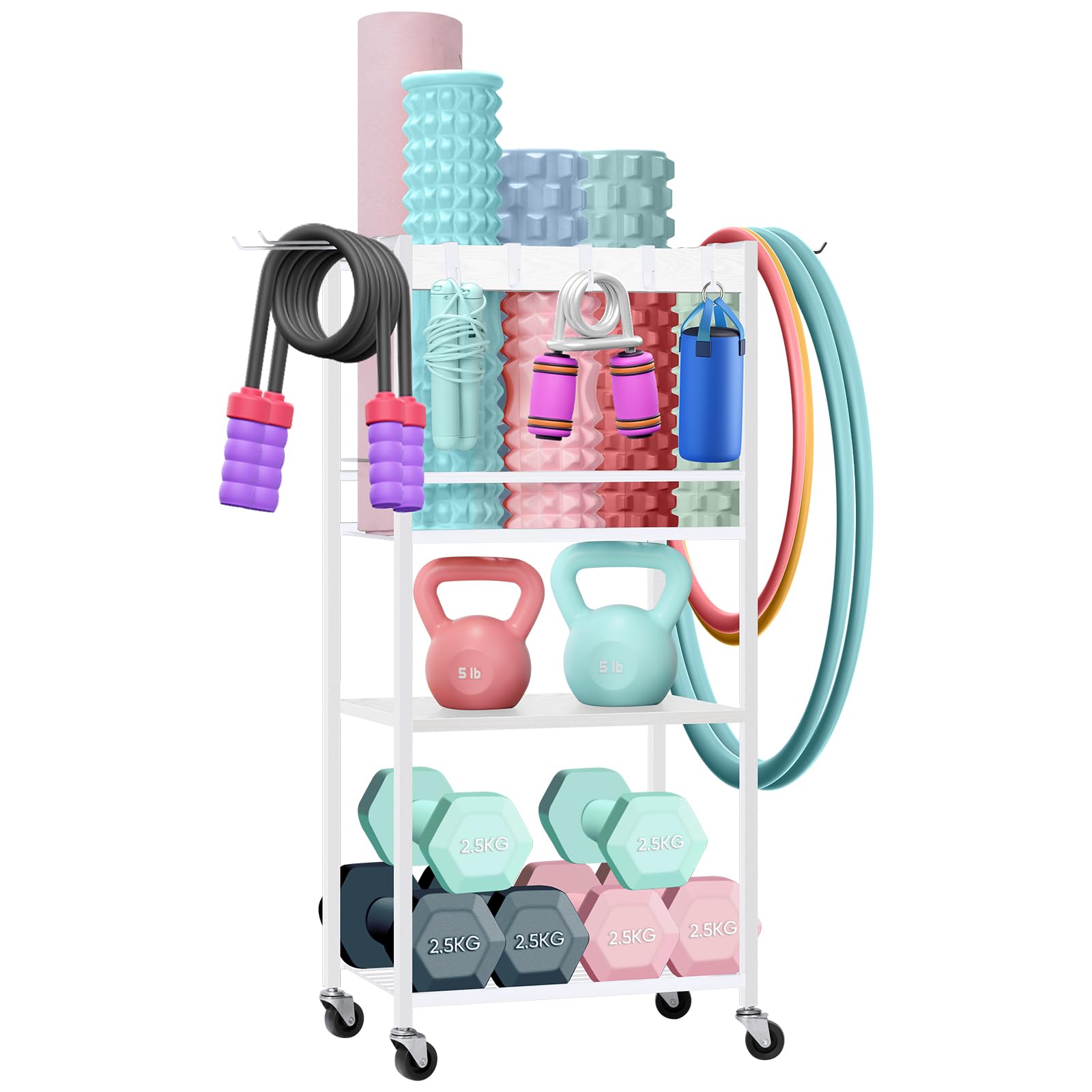 Home Gym Storage Rack with Wheels & Hooks - Yoga Mat Organizer for Dumbbells, Kettlebells, Resistance Bands & Foam Rollers - Space-Saving Workout Equipment Shelf for Yoga Ball Storage - Perfect for Home Gym, Garage & Small Fitness Spaces