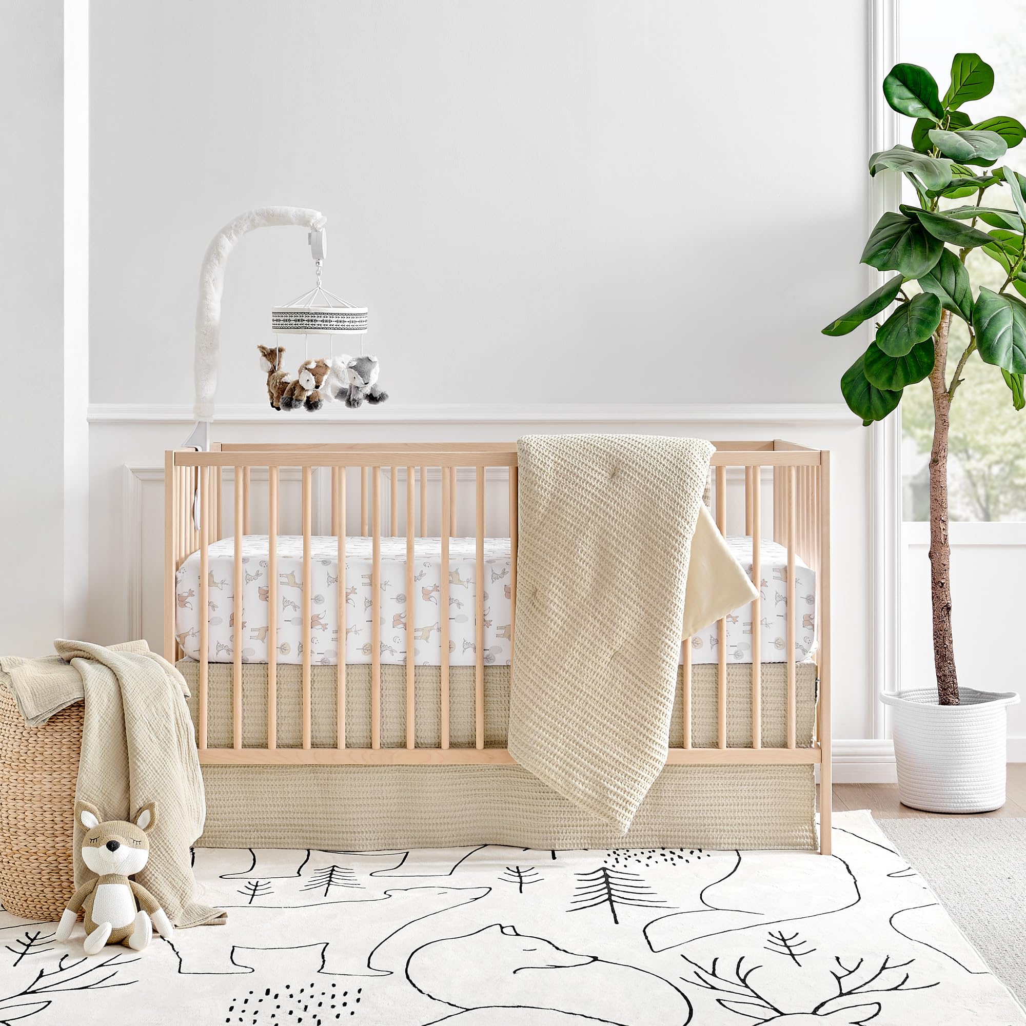 Levtex Baby Mills Waffle Crib Bedding Set - 4 Piece Nursery Set with Quilt, Fitted Sheet, Dust Ruffle & Rope Basket - Soft Taupe Textured Waffle Weave for Baby Boy & Girl - Perfect for Newborn Nursery, Baby Shower Gift & Cozy Sleep