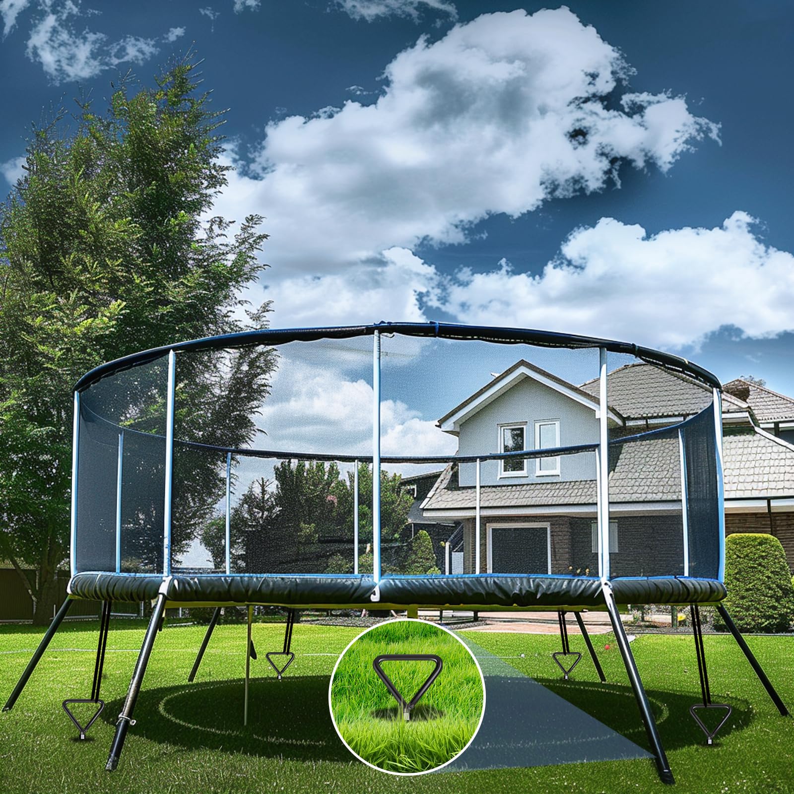 Heavy Duty Trampoline Anchors Kit - 4 Pack Screw-In Ground Stakes with Straps for High Wind Stability - Secure Outdoor Trampolines for Kids & Backyard Safety