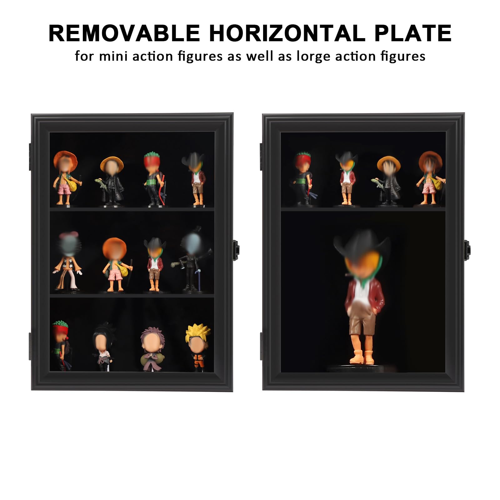 Wooden Wall Mounted Display Cabinet for Minifigures & Action Figures - Lockable Glass Door with Metal Lock for Mini Toys, Collectibles, and Stone Rocks - Perfect for Home Office, Game Room, and Collection Display (Black)