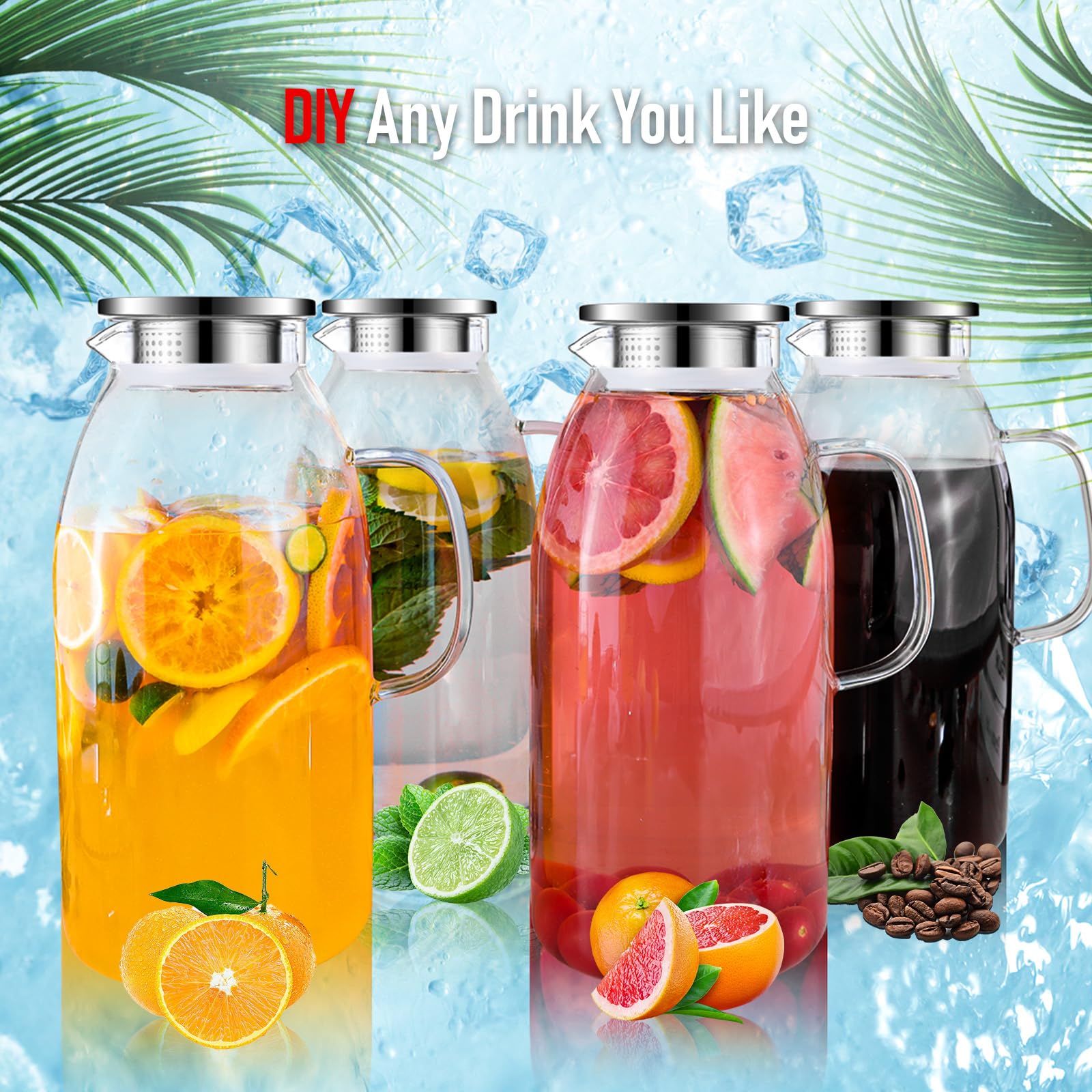 Veecom 105 Oz Large Glass Pitcher with Lid - BPA-Free Water Pitcher with Handle for Iced Tea, Lemonade & Juice - Perfect for Parties, Refrigerator Storage & Entertaining - Durable Drink Dispenser for Home, Office & Outdoor Gatherings