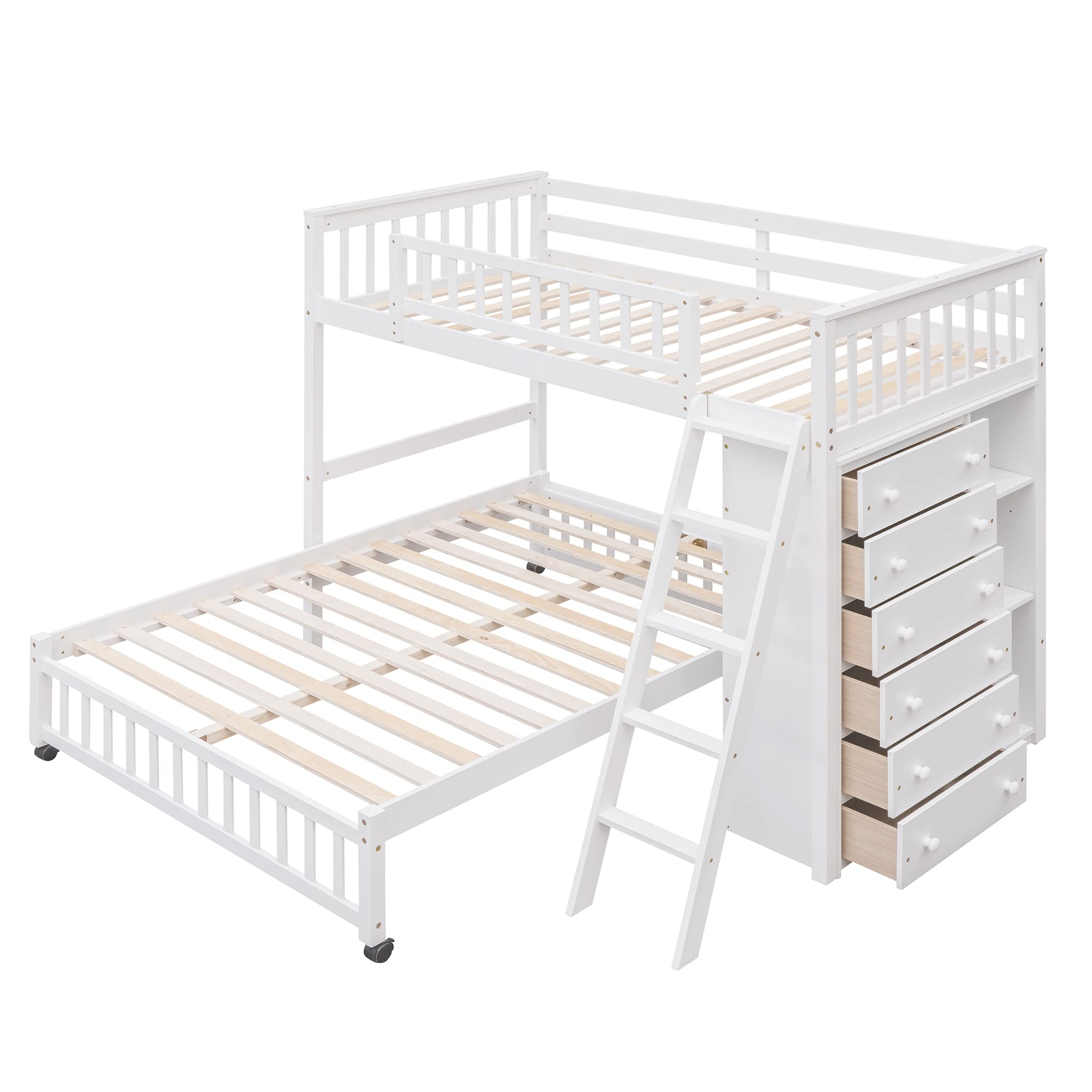 Harper & Bright Designs Twin Over Full Bunk Bed with 6 Storage Drawers & 3 Shelves - Space Saving Wood Loft Bed with Movable Lower Bed, No Box Spring Needed (White, Wheels Included) - Perfect for Kids Rooms, Guest Rooms & Small Apartments