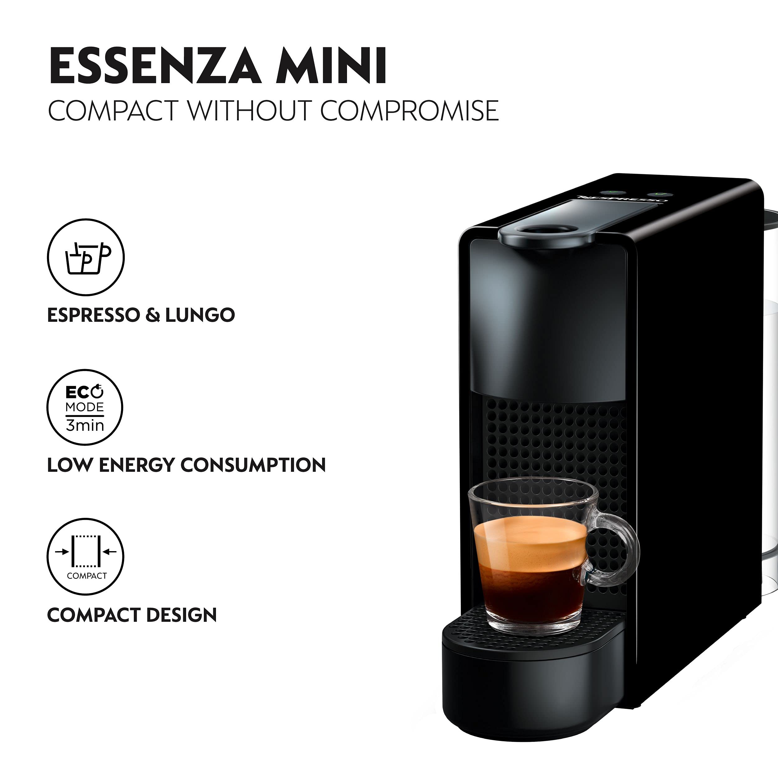 Krups Nespresso Essenza XN110840 Mini Coffee Machine - Compact & Fast, Piano Black - Perfect for Home, Office, or Small Spaces