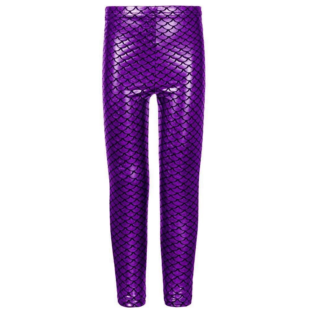 Girls' Fish Scale Mermaid Leggings - Stretchy Shiny Foil Dance Pants for Kids (Purple) | Perfect for Disco Parties, Costumes & Playtime