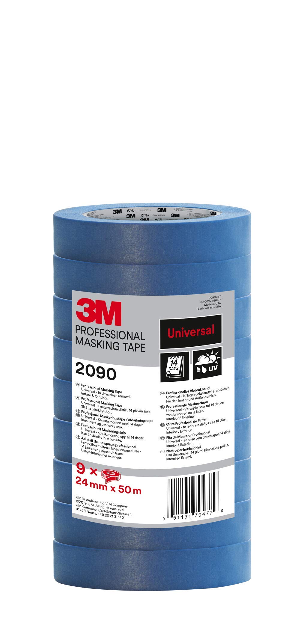 3M Professional Masking Tapes 2090 Multi-Surfaces 9 Rolls, 24mm x 50m - High-Quality Painters Tape for Home Improvement, DIY Projects, Automotive & Woodworking - Perfect for Precise Edging and Surface Protection