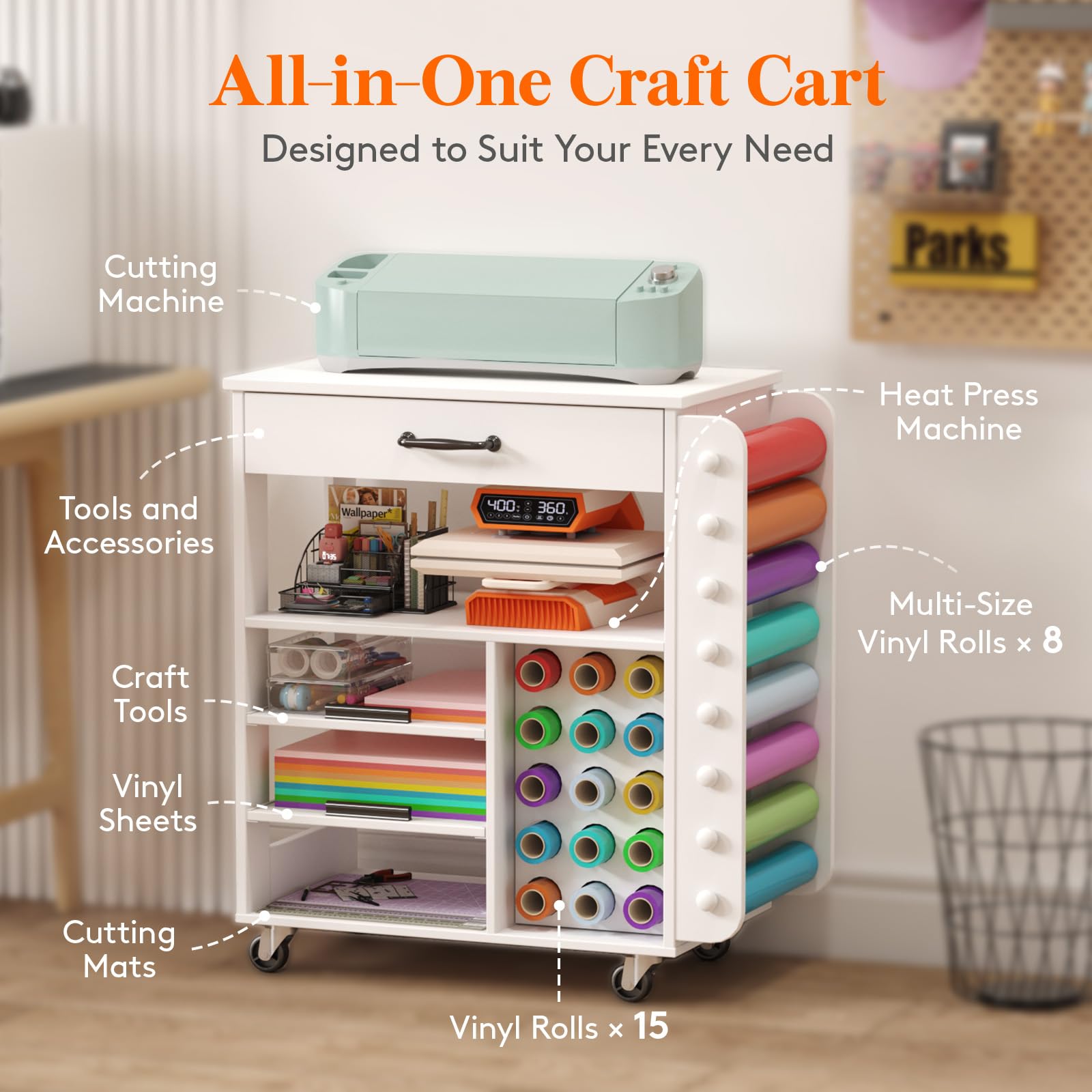 Lifewit Rolling Craft Cart with Pull-Out Tray & Drawer - 23 Vinyl Roll Holders Storage Organizer for Cricut Machines | Perfect for Craft Room, Home Office & DIY Projects | Mobile Craft Station for Scrapbooking, Vinyl Cutting & Art Supplies Organization
