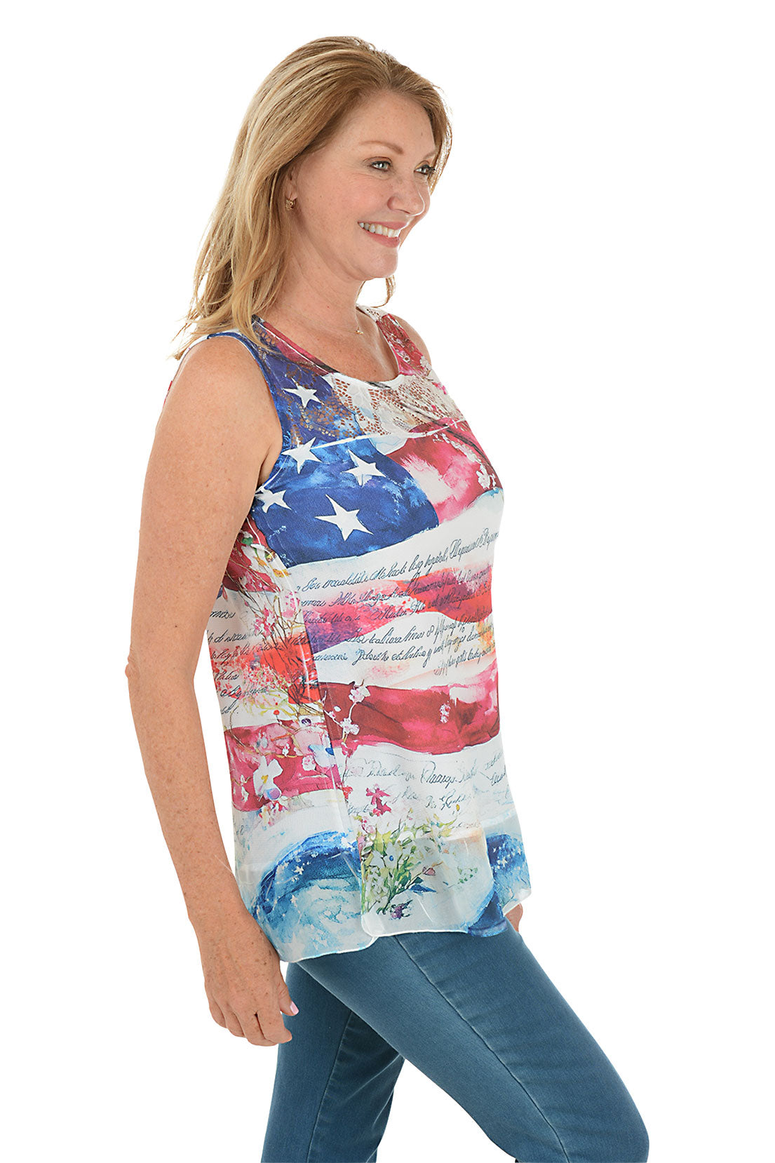 Stylish Waving Flag Sleeveless Blouse for Women - Trendy Summer Top for Casual Outings, Beach Vacations & Patriotic Events