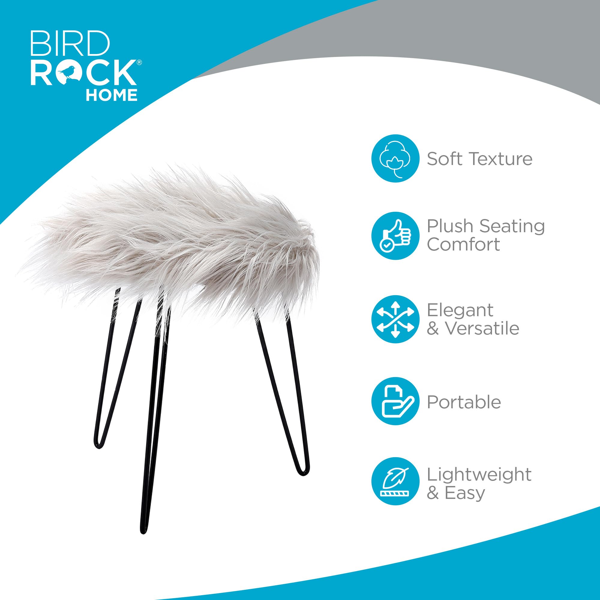BIRDROCK HOME Round Faux Fur Foot Stool Ottoman with Black Hairpin Legs - Soft Padded Vanity Seat Makeup Chair for Bedroom, Living Room & Kids Room - Grey - Perfect for Reading Nook, Dressing Table & Lounge Decor