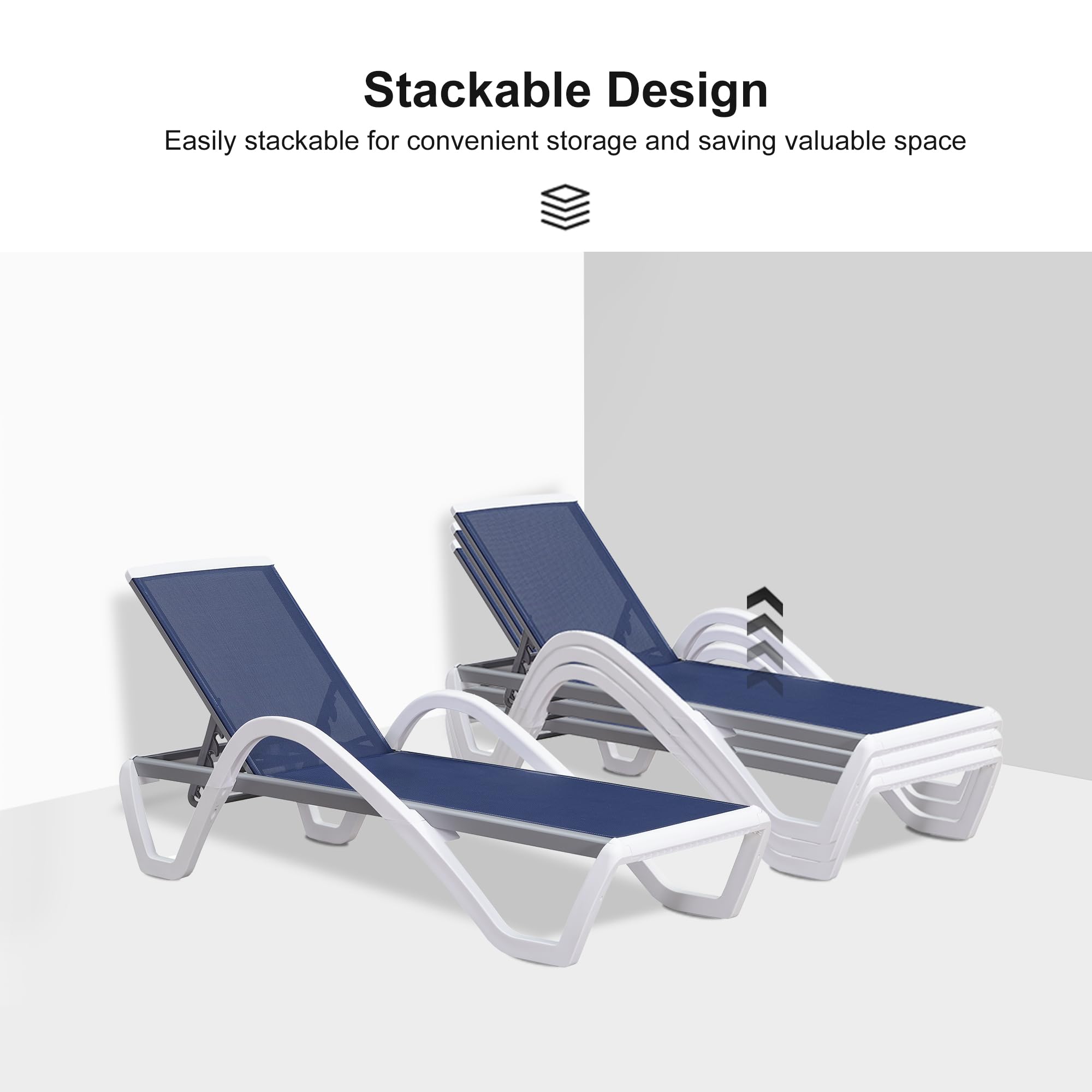PURPLE LEAF 3-Piece Patio Chaise Lounge Chair Set - Aluminum & Plastic Stackable Sun Loungers with Armrests & Side Table - Navy Blue Outdoor Tanning Chairs for Pool, Beach, Deck & Backyard Relaxation