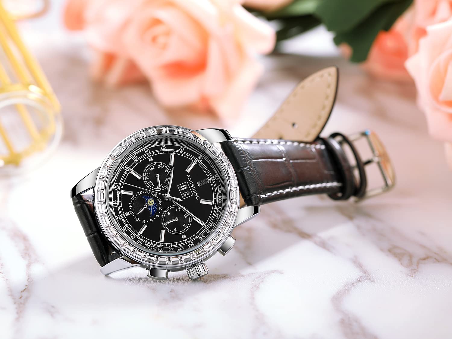 FORSINING Men's Waterproof Automatic Diamond Analog Watch - Genuine Leather Strap with Moon Phase Display - Luxury Dress Watch for Business, Formal Events & Gifts