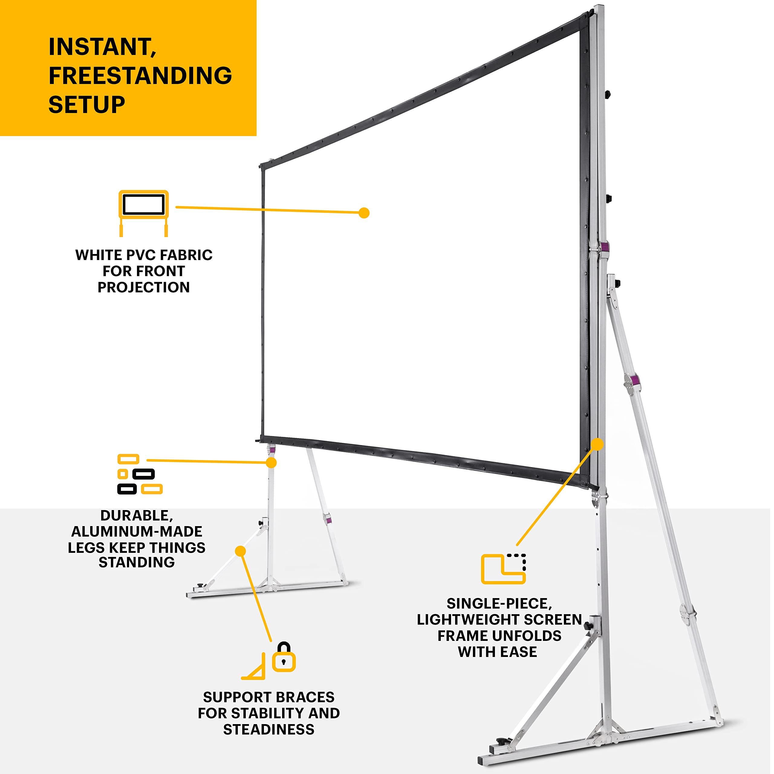 KODAK 150 Inch Portable Pull Down Projector Screen with Stand - Fast Fold White Projection Screen for Indoor & Outdoor Movies, Home Theater, Presentations - Includes Tripod, Stability Kit & Black Storage Case