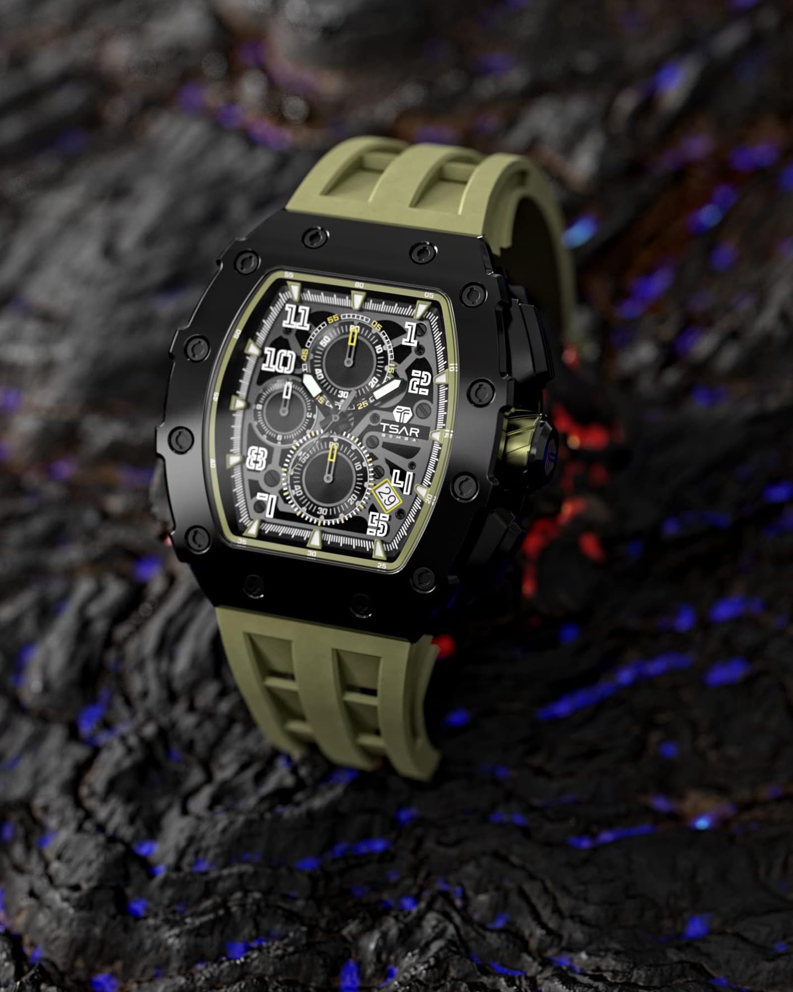 Luxury Tonneau Men's Watch - Waterproof 50M Analog Chronograph with Date Calendar - Business Dress & Diver Watch for Work & Formal Occasions - Large Square Face Wristwatch for Professional & Casual Wear