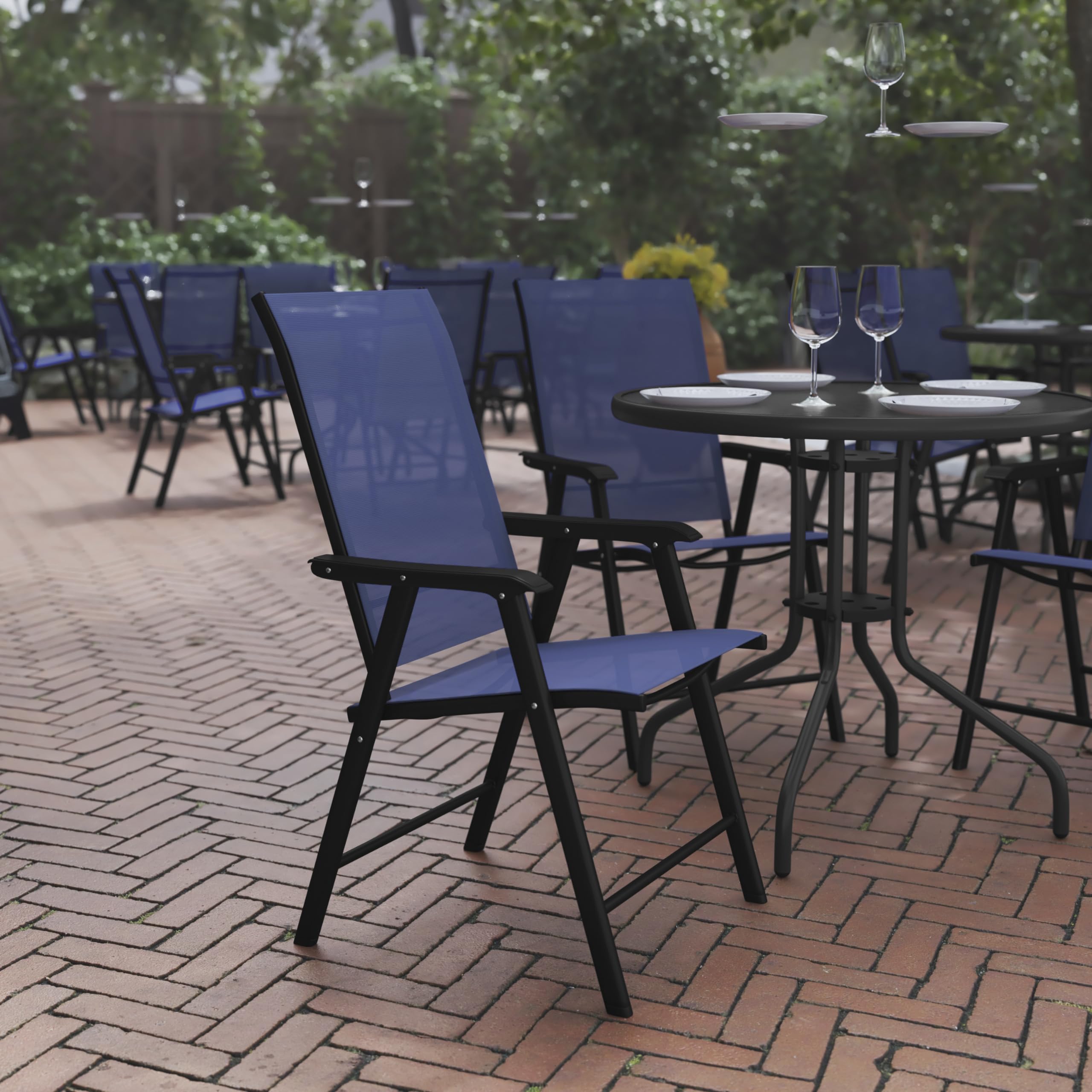 Flash Furniture Paladin Navy Outdoor Folding Patio Sling Chair with Black Frame (2 Pack) - Perfect for Poolside, Backyard, Deck, and Beach Relaxation