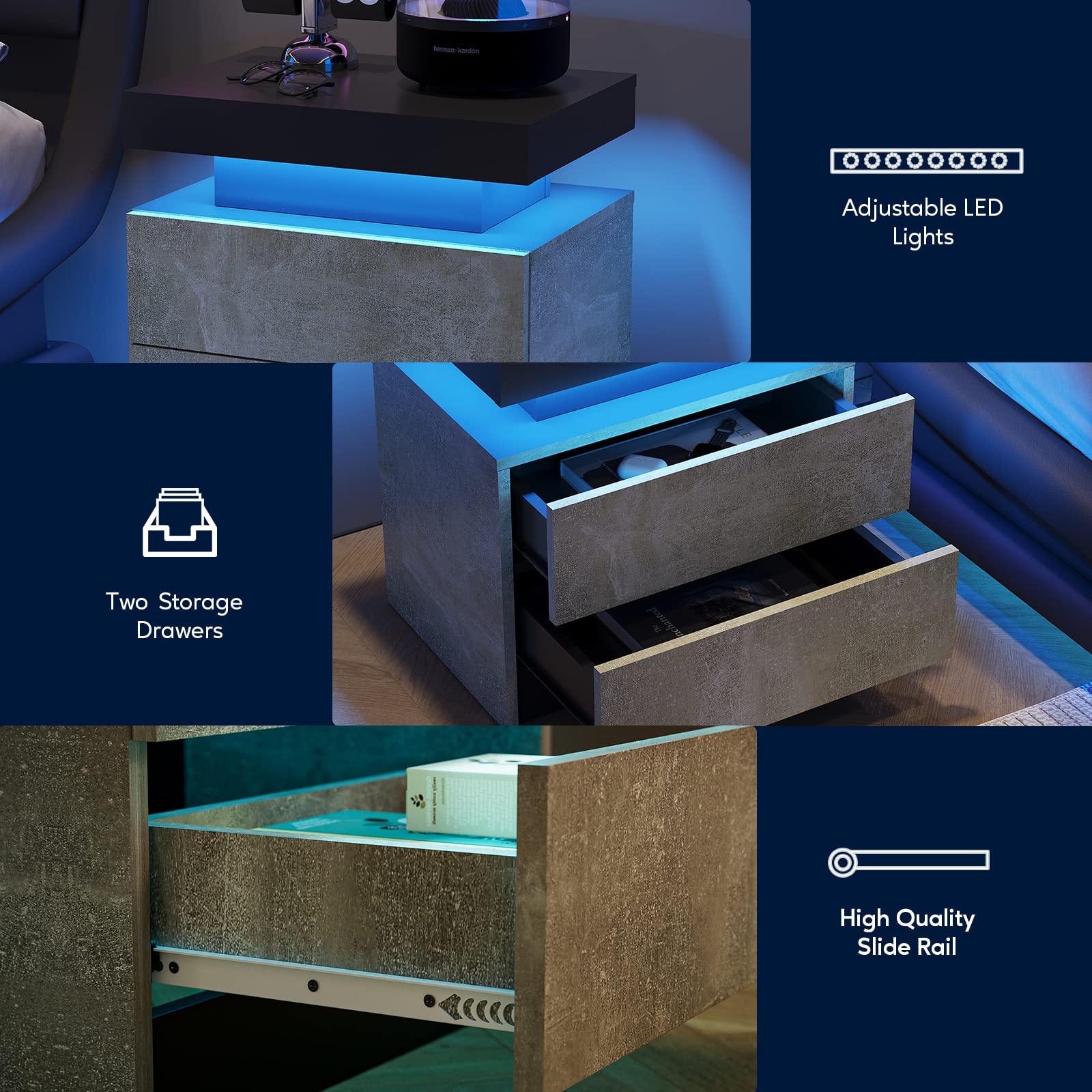 Modern LED Nightstand with 2 Drawers - Grey End Side Table with USB Charging Port | Bedroom & Living Room Furniture for Small Spaces, Apartments & Dorm Rooms