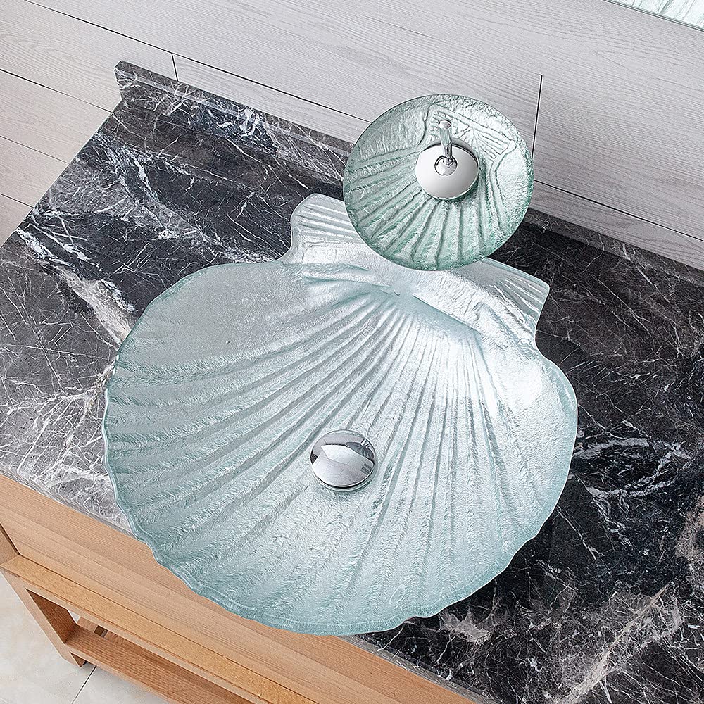 Lovedima Crystal Glass Vessel Sink - Transparent Shell Shaped Bathroom Vanity Wash Basin for Countertop Installation with Faucet | Modern Bathroom Decor for Master Bath, Powder Room & Guest Bath