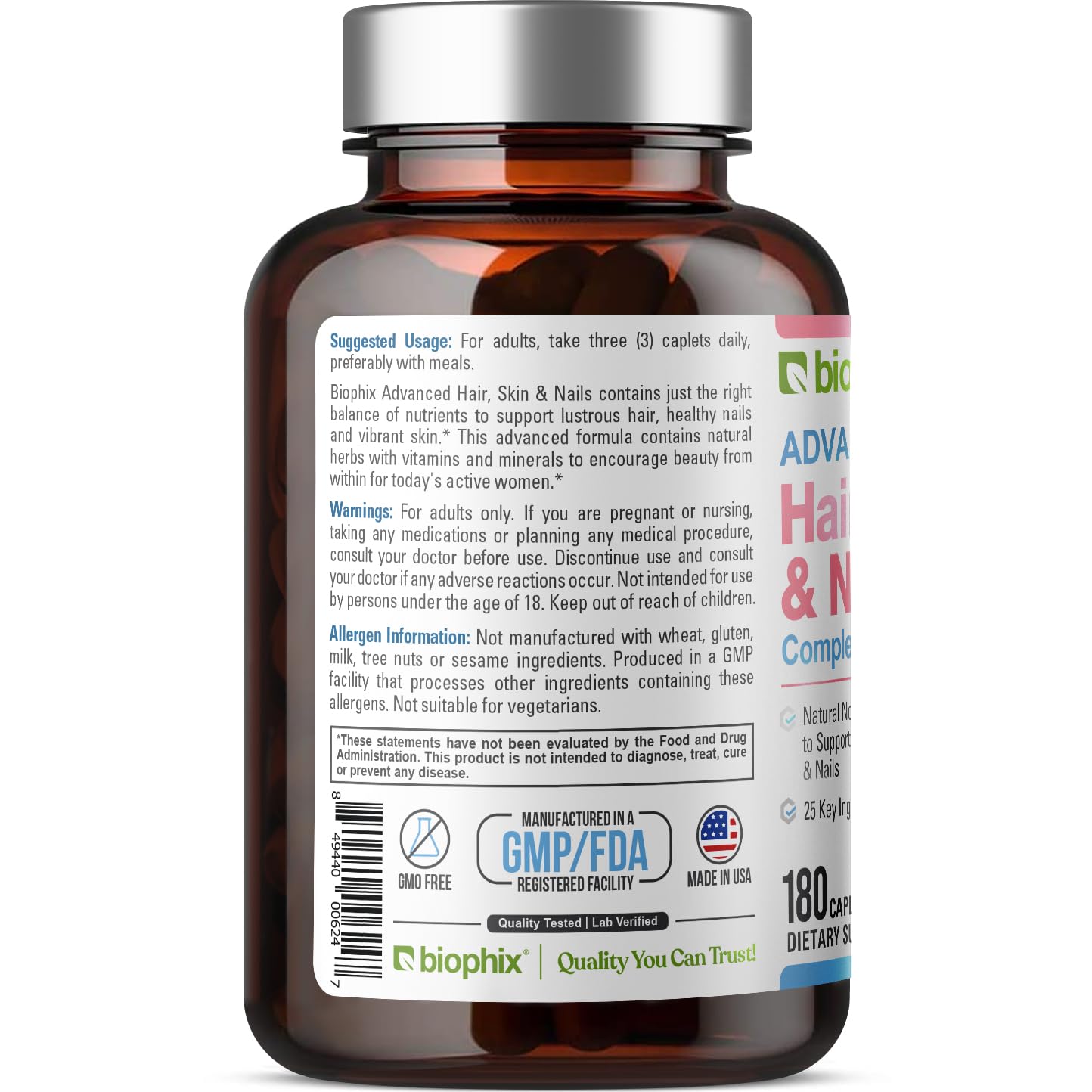 Biophix Hair Skin and Nails Complex 180 Caplets with 10,000 mcg Biotin - Multivitamin Supplement for Strong Nails, Healthy Hair & Skin, Anti-Aging Support - Perfect for Daily Beauty & Wellness Routine