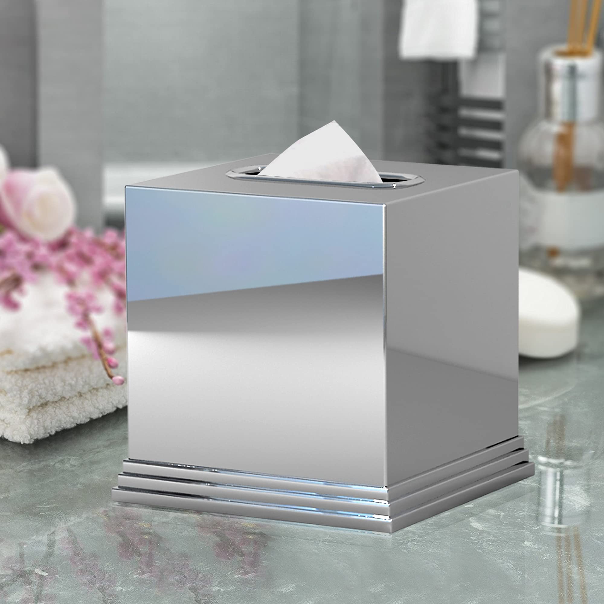 Premium 304 Stainless Steel Square Tissue Box Cover - Elegant Chrome Finish for Bathroom Vanity, Bedroom Dresser, Nightstand & Office Desk | Durable & Stylish Home Decor Accessory | Perfect for Modern Living Rooms, Spas & Hotels