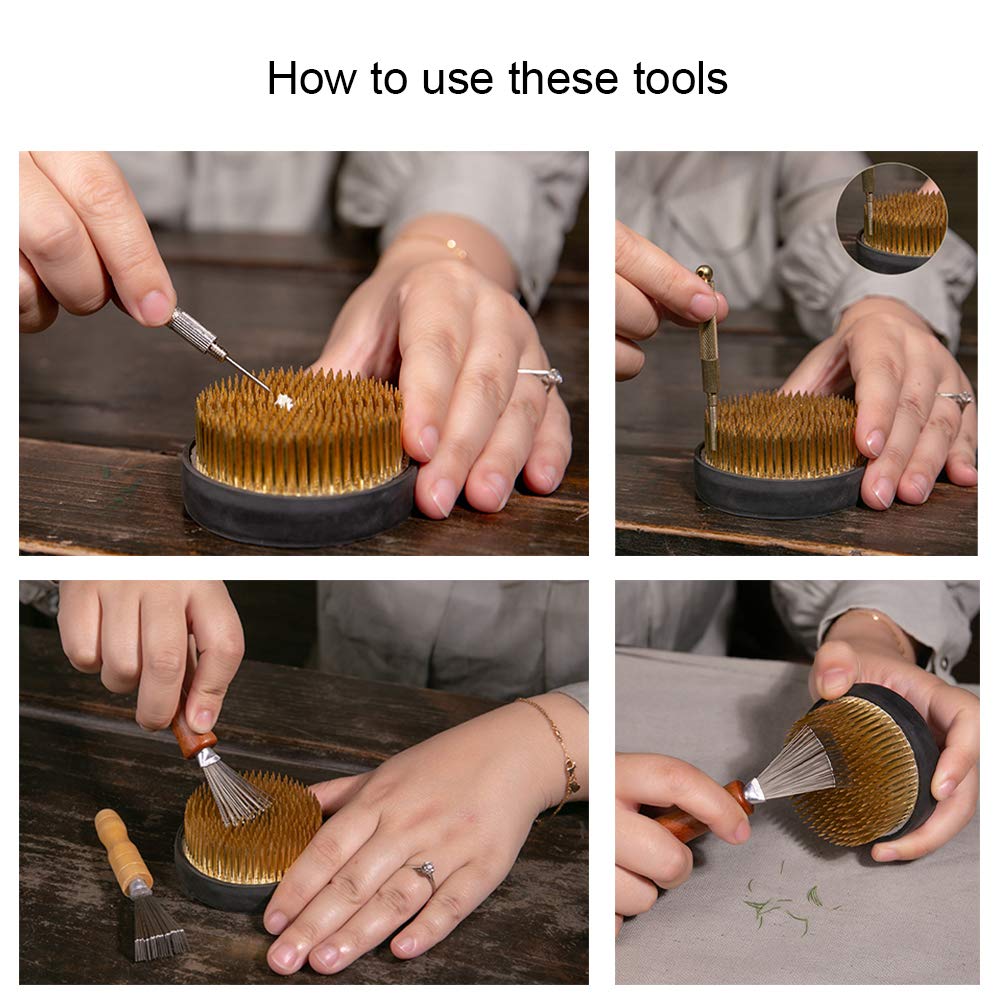 4-Piece WANDIC Flower Frog Set - Round Flower Holder, Needle Straightening Tool & Cleaning Brushes for Ikebana Floral Arrangement | Perfect for DIY Home Decor, Wedding Centerpieces & Japanese Flower Art