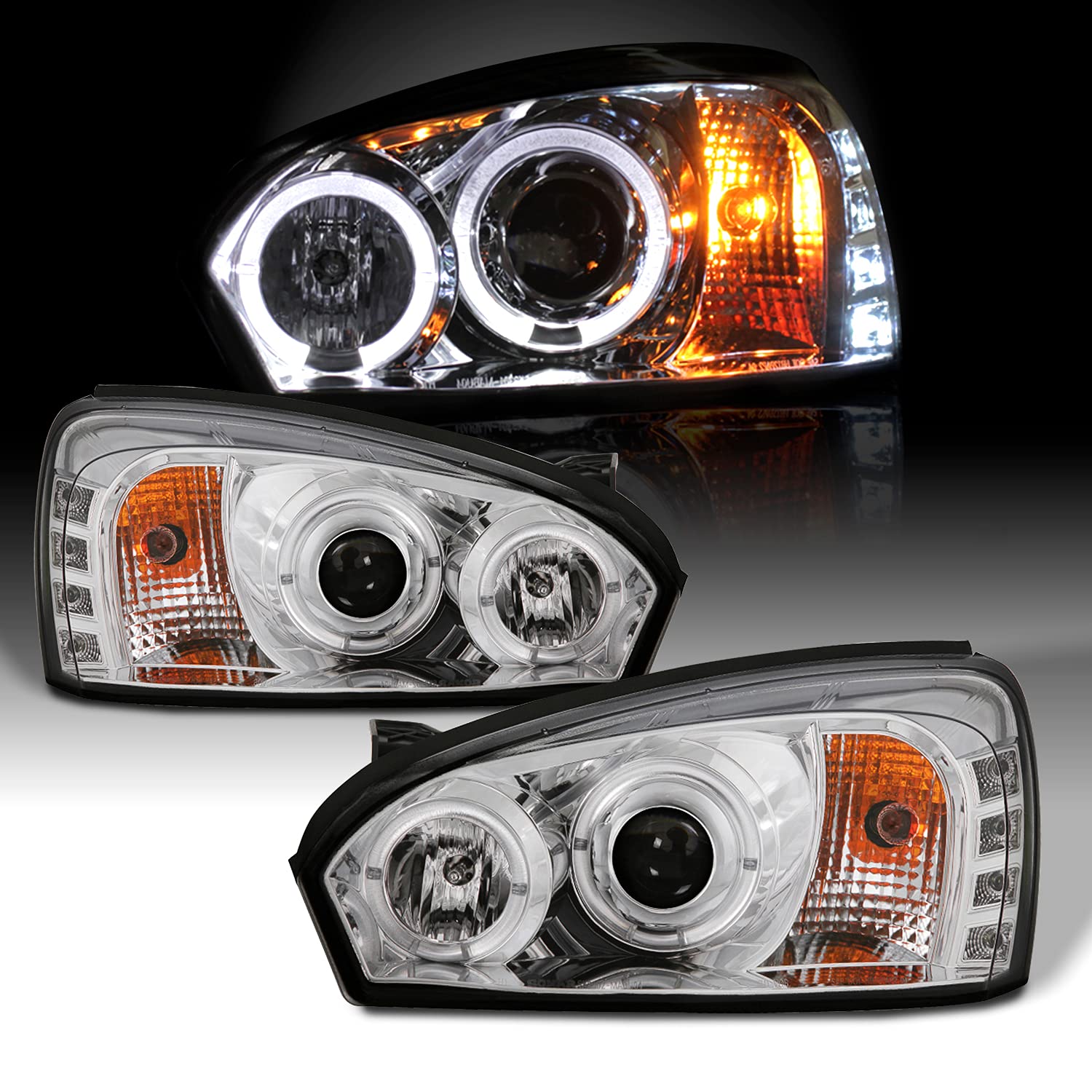 AKKON LED Dual Halo DRL Projector Headlights for 2004-2007 Chevy Malibu - Chrome Housing with Turn Signal Lamps | Upgrade Your Ride for Better Night Visibility & Style