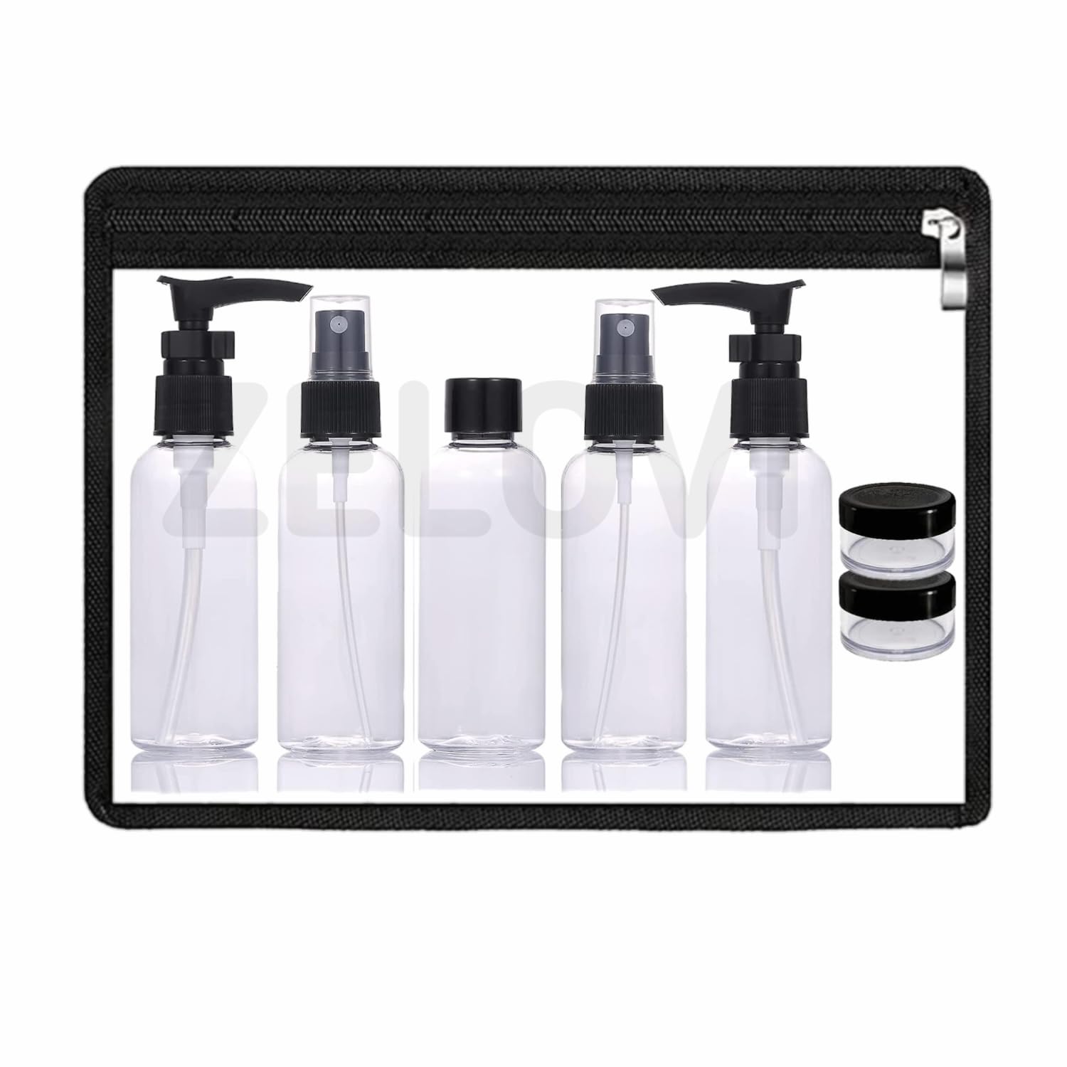 ZELOVI 10-Piece Travel Bottles Kit - Leak Proof Refillable Toiletry Containers for Shampoo, Lotion & Cream | Portable Cosmetic Organizer for Air Travel, Gym, Camping & Daily Essentials (Black)