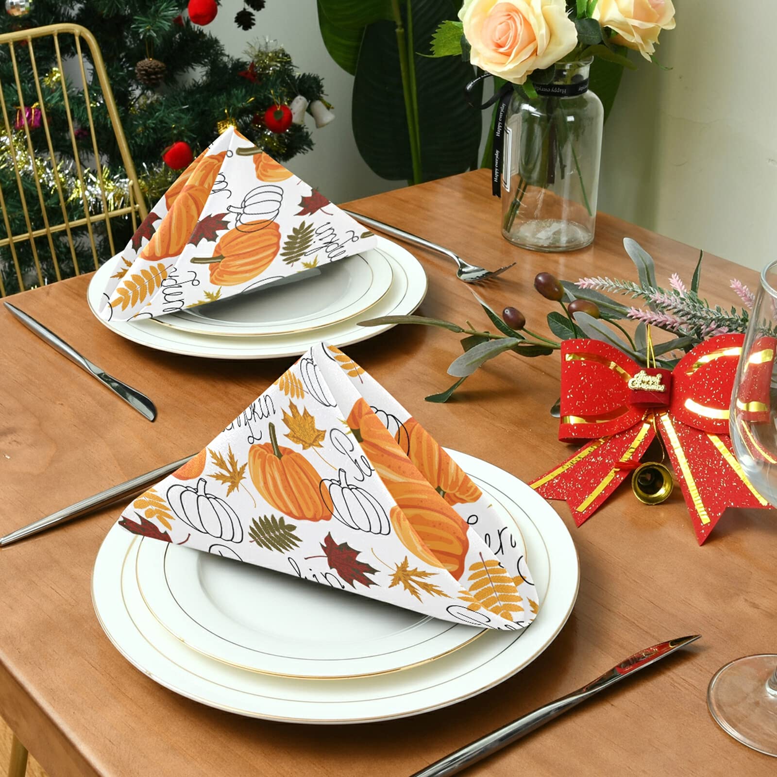 Premium Thanksgiving Cloth Napkins Set of 6 - Washable & Reusable Polyester Table Napkins with Pumpkin Leaf Design for Fall Autumn Decor, Family Dinners, Holiday Parties & Special Occasions | Perfect for Thanksgiving Dinner, Christmas Gathering & Seasonal Home Decor