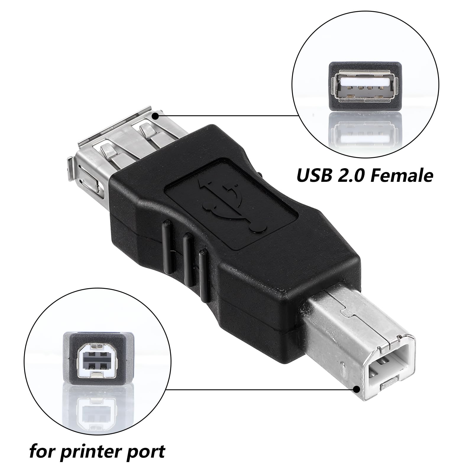 2-Pack USB 2.0 A Female to B Male Adapter - Printer Connector for Office & Home Use
