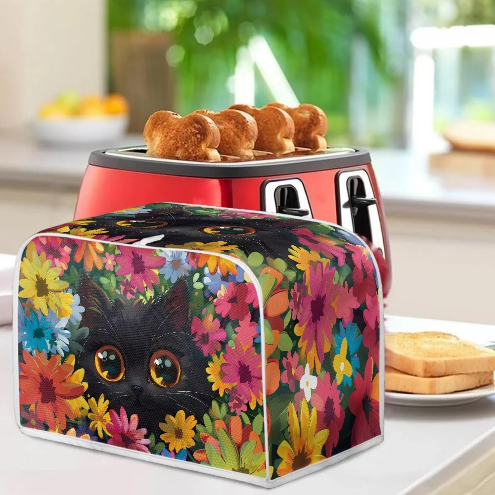 Flower Cats 4-Slice Toaster Covers - Durable, Lightweight, Universal Size Kitchen Appliance Protectors with Top Hook for Decorative Home and Kitchen Use