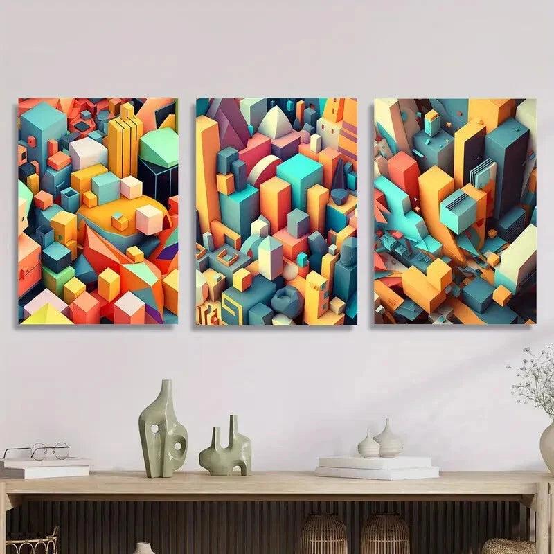 3-Piece City Top View Abstract Mosaic Art Metal Print - Ready to Hang Wall Decor for Living Room, Office & Bedroom