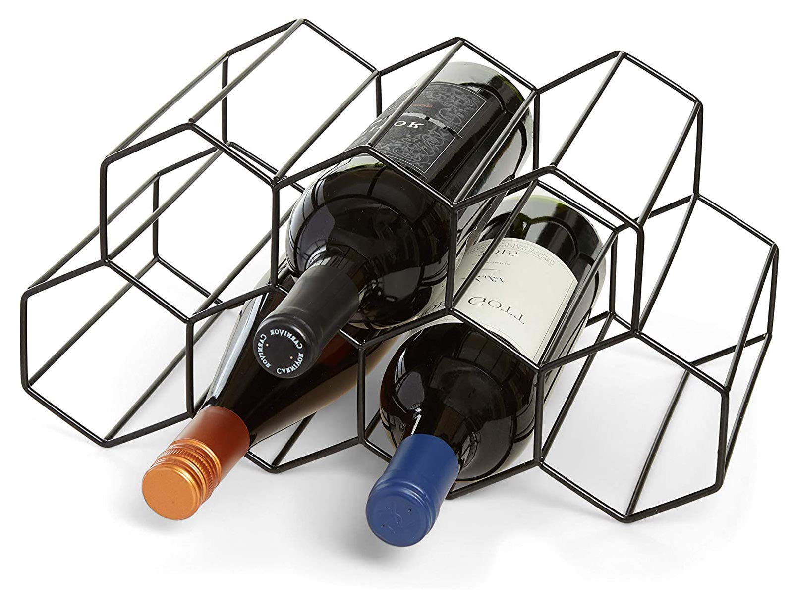 Stylish Black Metal Wine Rack - Freestanding & Tabletop Wine Bottle Holder with Geometric Design for Home Bar, Kitchen Counter, or Wine Cellar - Perfect for Wine Storage and Display