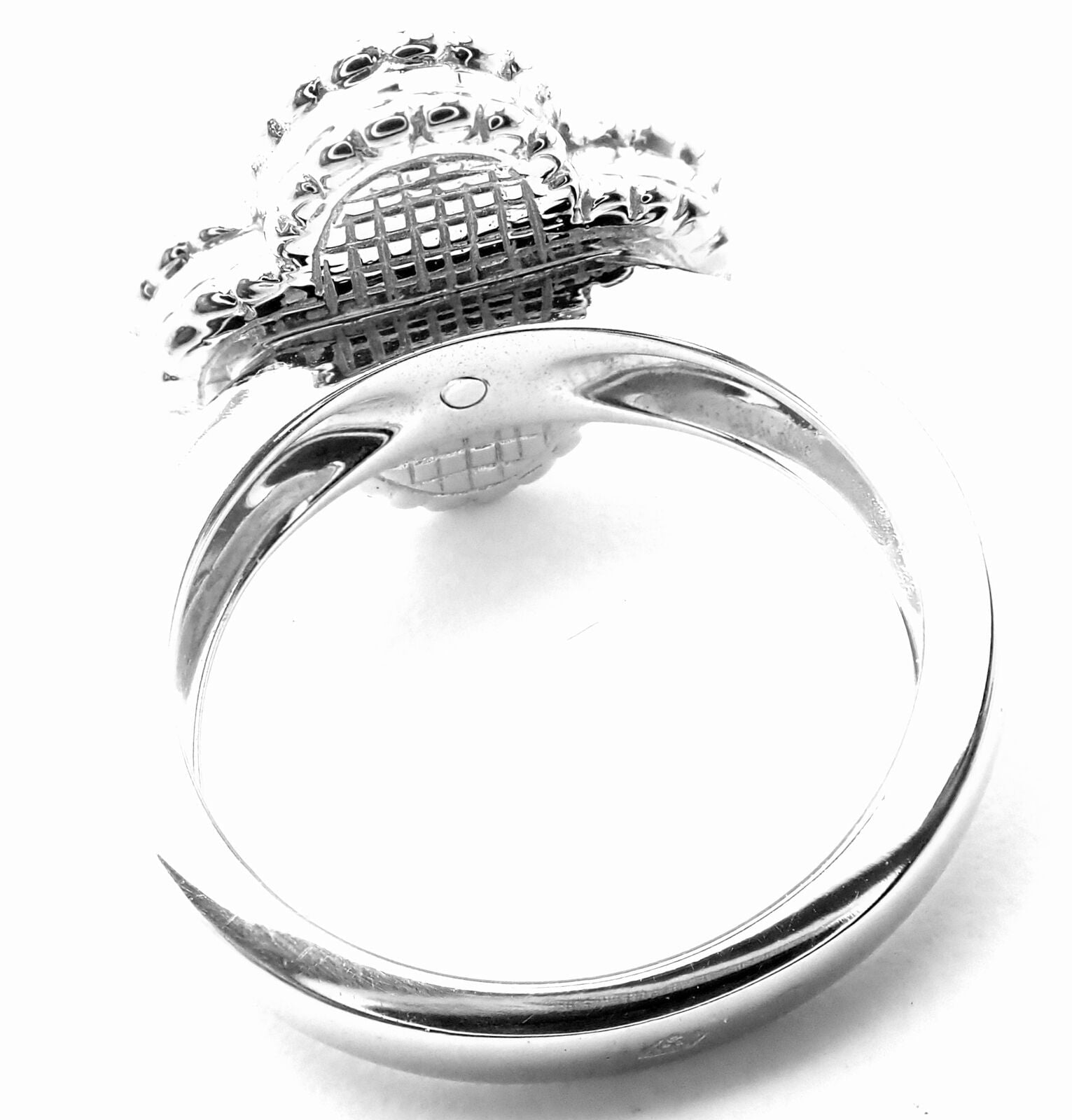 Authentic Van Cleef & Arpels Alhambra 18k White Gold Pink Opal Diamond Ring with Certificate - Luxury Jewelry for Weddings, Anniversaries & Special Occasions