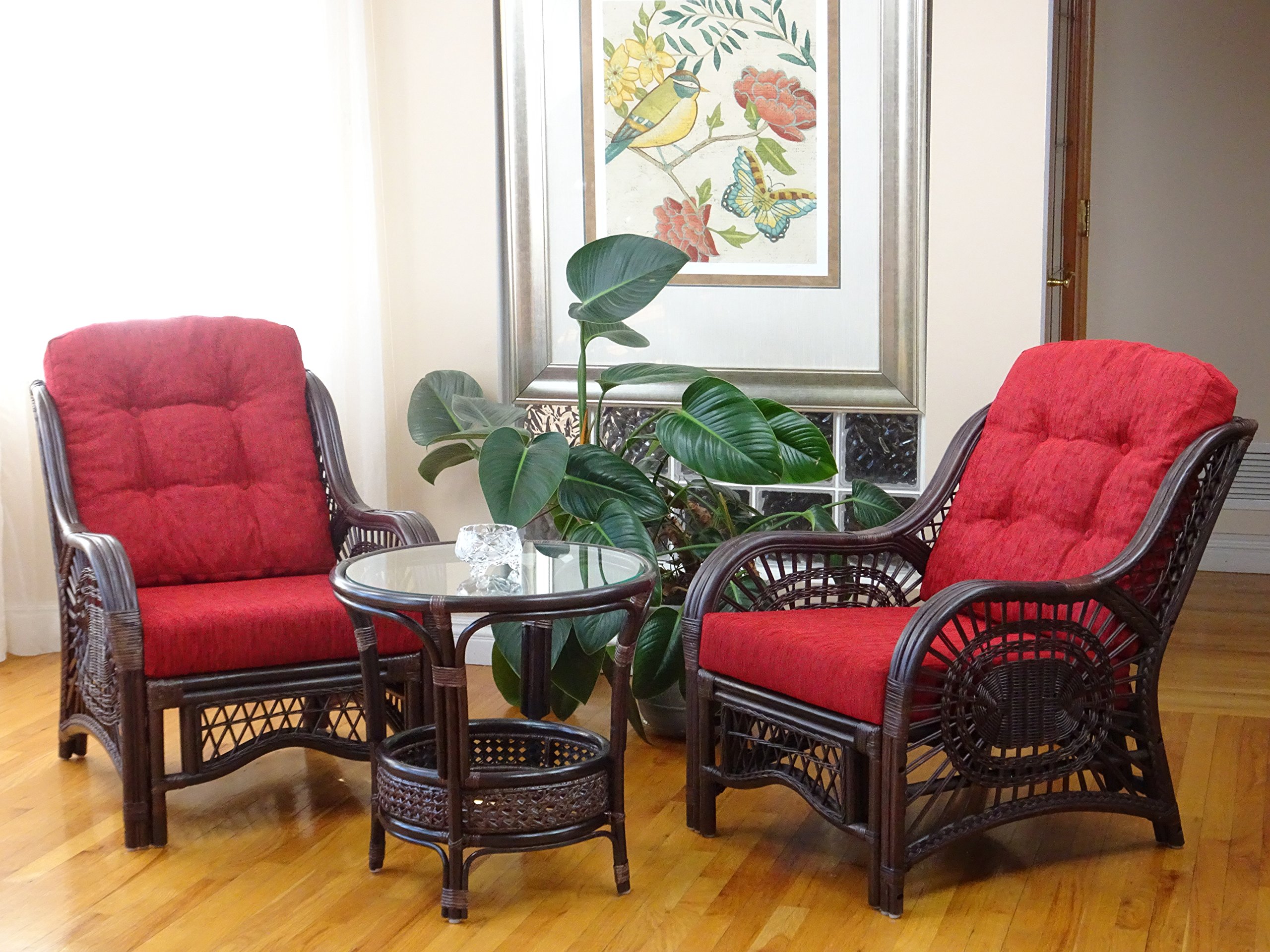 Malibu Living Set - 2 Rattan Wicker Chairs with Burgundy Cushions & Round Glass Coffee Table, Dark Brown - Eco-Friendly Outdoor Patio Furniture for Garden, Poolside, and Backyard Relaxation