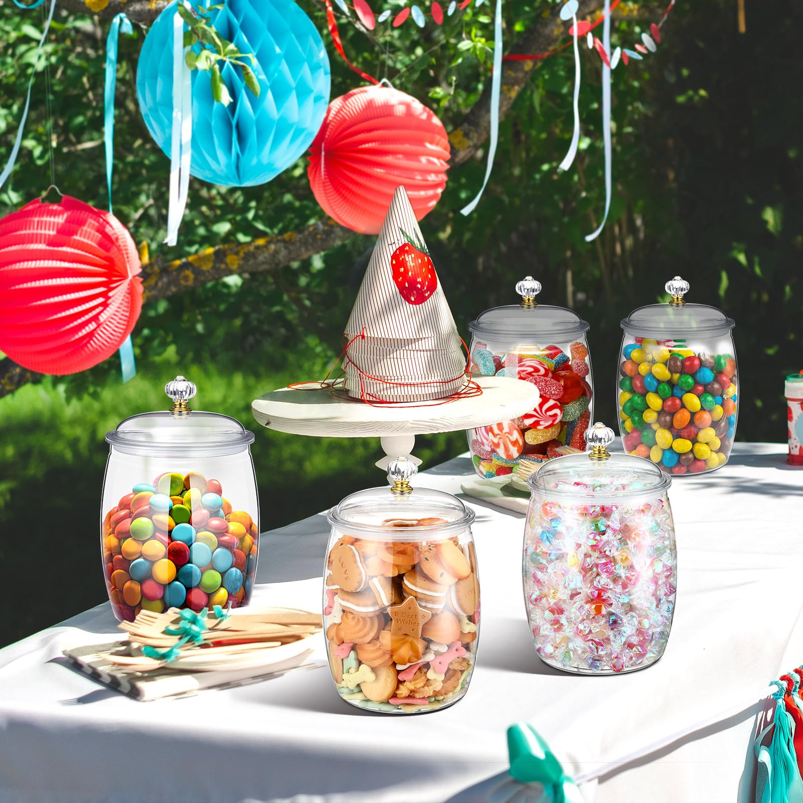 Nuogo 6-Piece 64 oz Clear Plastic Candy & Cookie Jars with Airtight Lids - Decorative Apothecary Containers for Candy Buffet, Kitchen Pantry Organization & Home Decor Storage Solutions