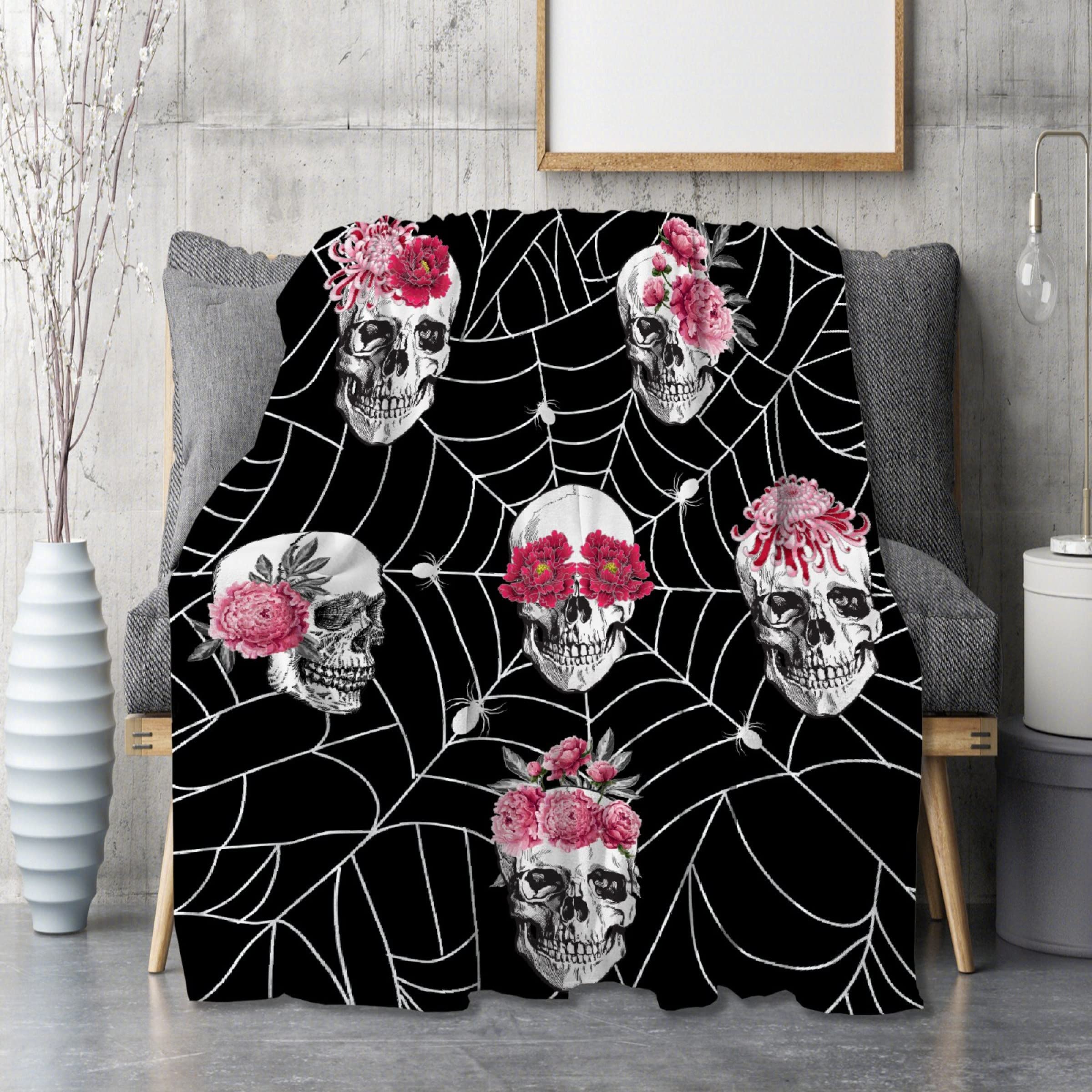 Gopaka Halloween Skeleton Black Spider Web Throw Blanket - Soft, Warm & Cozy Lightweight Quilt (90