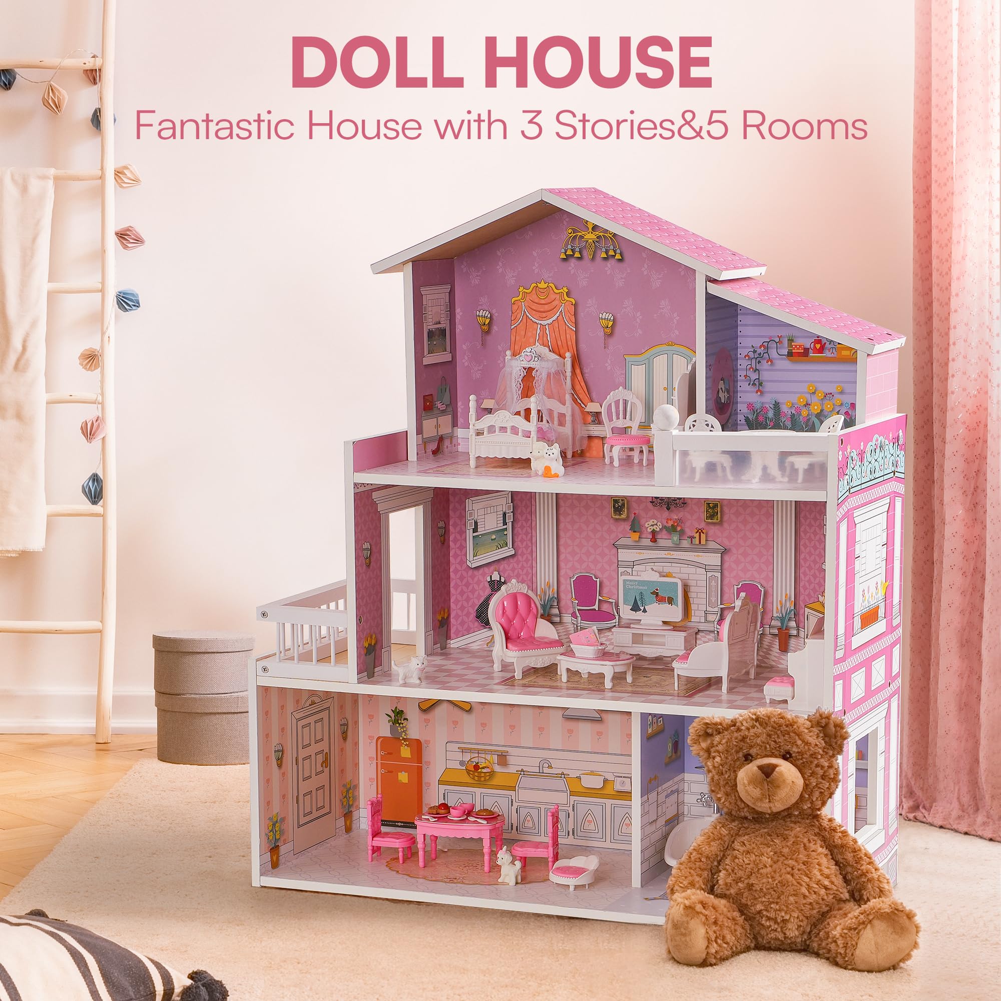 ROBUD 3-Story Wooden Dollhouse Playset with 24 PCS Furniture - 5 Room Pretend Play Toy for Kids, Toddlers & Girls | Perfect for Imaginative Play, Birthday Gifts & Early Childhood Development