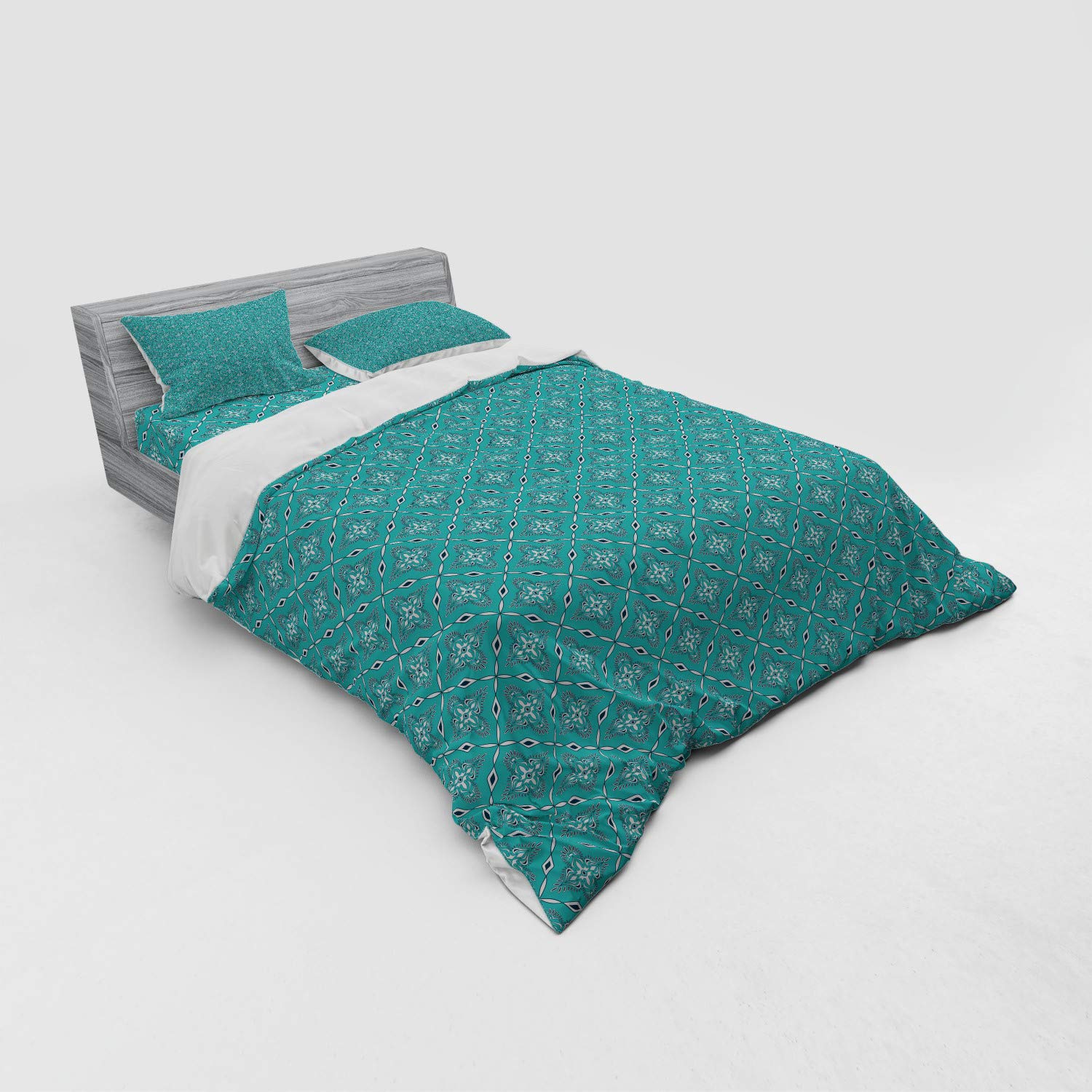 Ambesonne Moroccan Style Turquoise Duvet Cover Set - Queen Size 4-Piece Bedding with Geometric Floral Design, Includes Shams & Fitted Sheet in Dark Blue & White | Perfect for Master Bedroom, Guest Room & Bohemian Home Decor