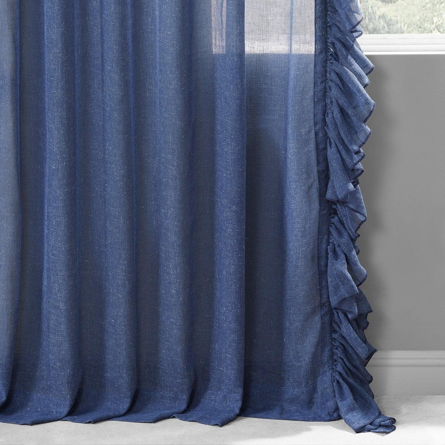 Blue Lapis Ruffled Faux Linen Sheer Curtains for Living Room & Bedroom - Light Filtering Window Drapes with Elegant Ruffle Design
